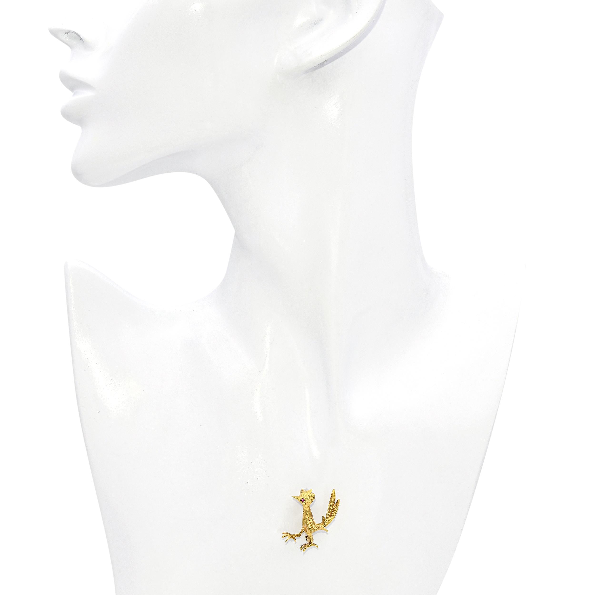 Vintage 18k Yellow Gold Ruby Struttin' Roadrunner Brooch