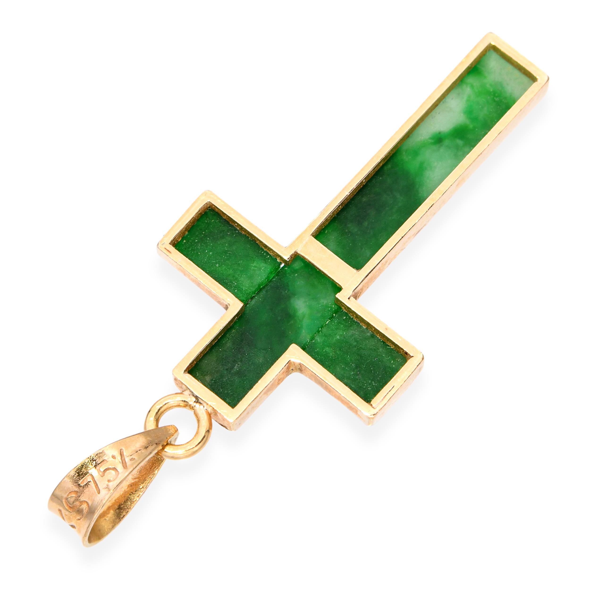Vintage Yellow Gold Green Jadeite Cross Pendant