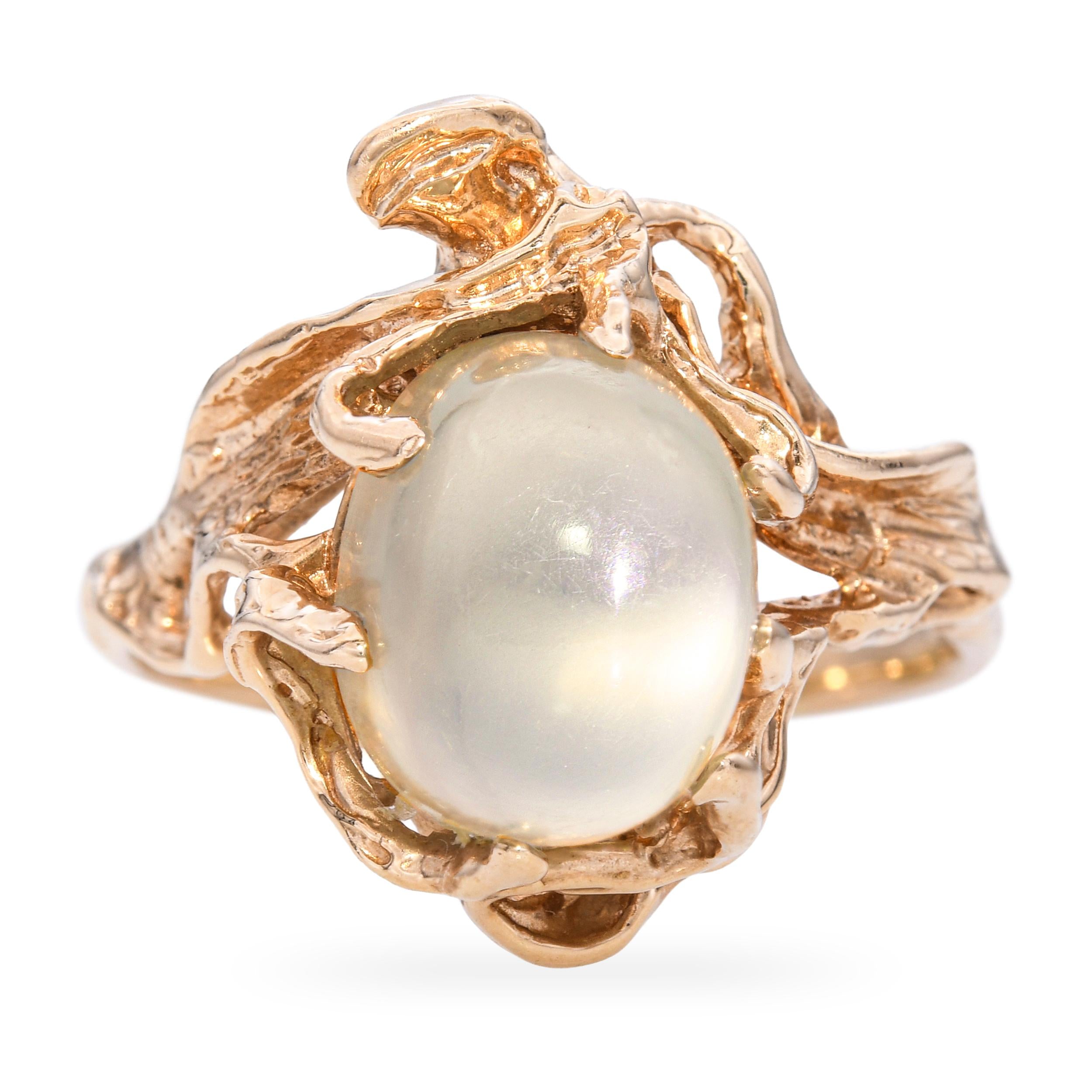 Vintage 14k Yellow Gold 7.96ct Moonstone Vine Motif Statement Ring
