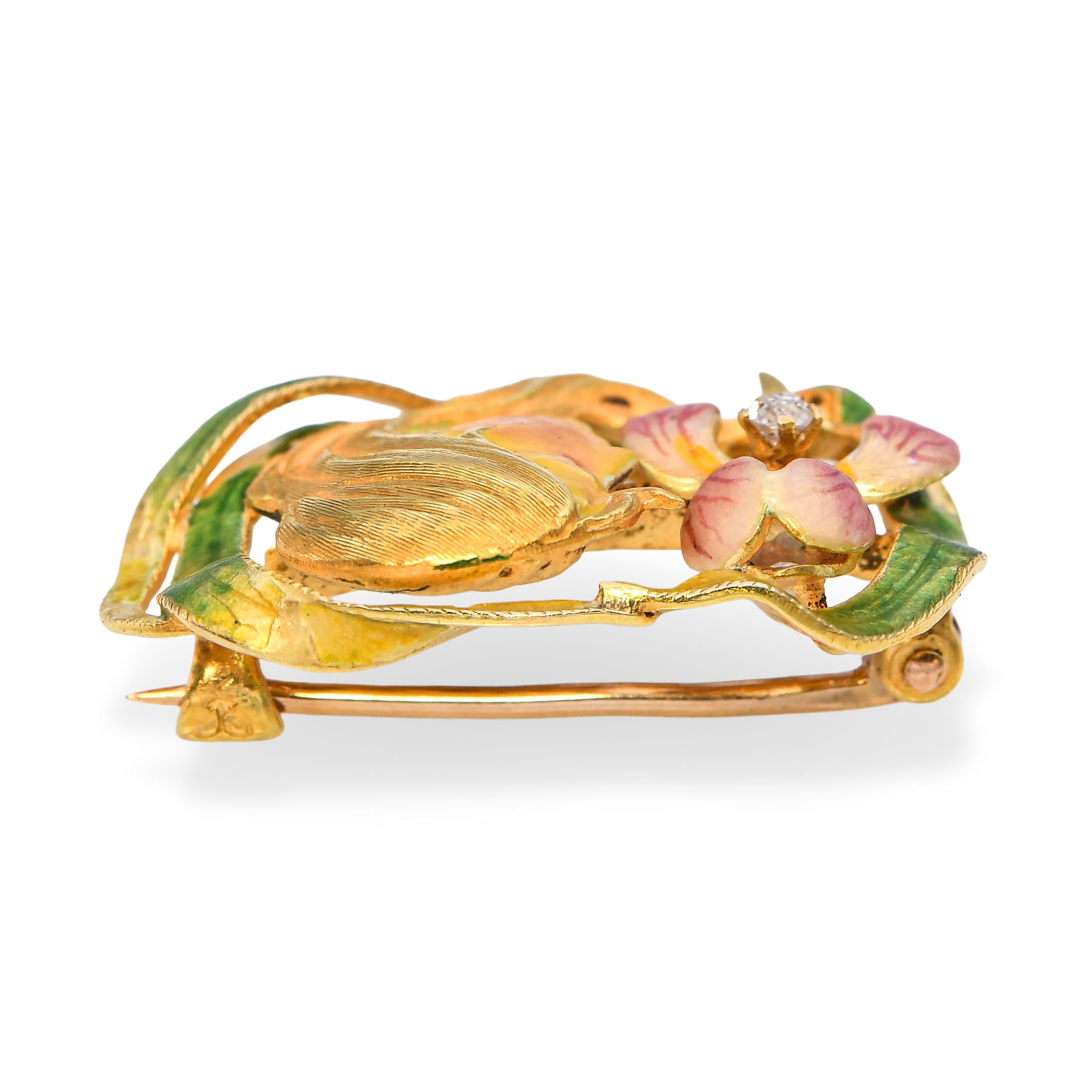 Antique Krementz & Co. Art Nouveau 14k Yellow Gold Enamel and Diamond Brooch