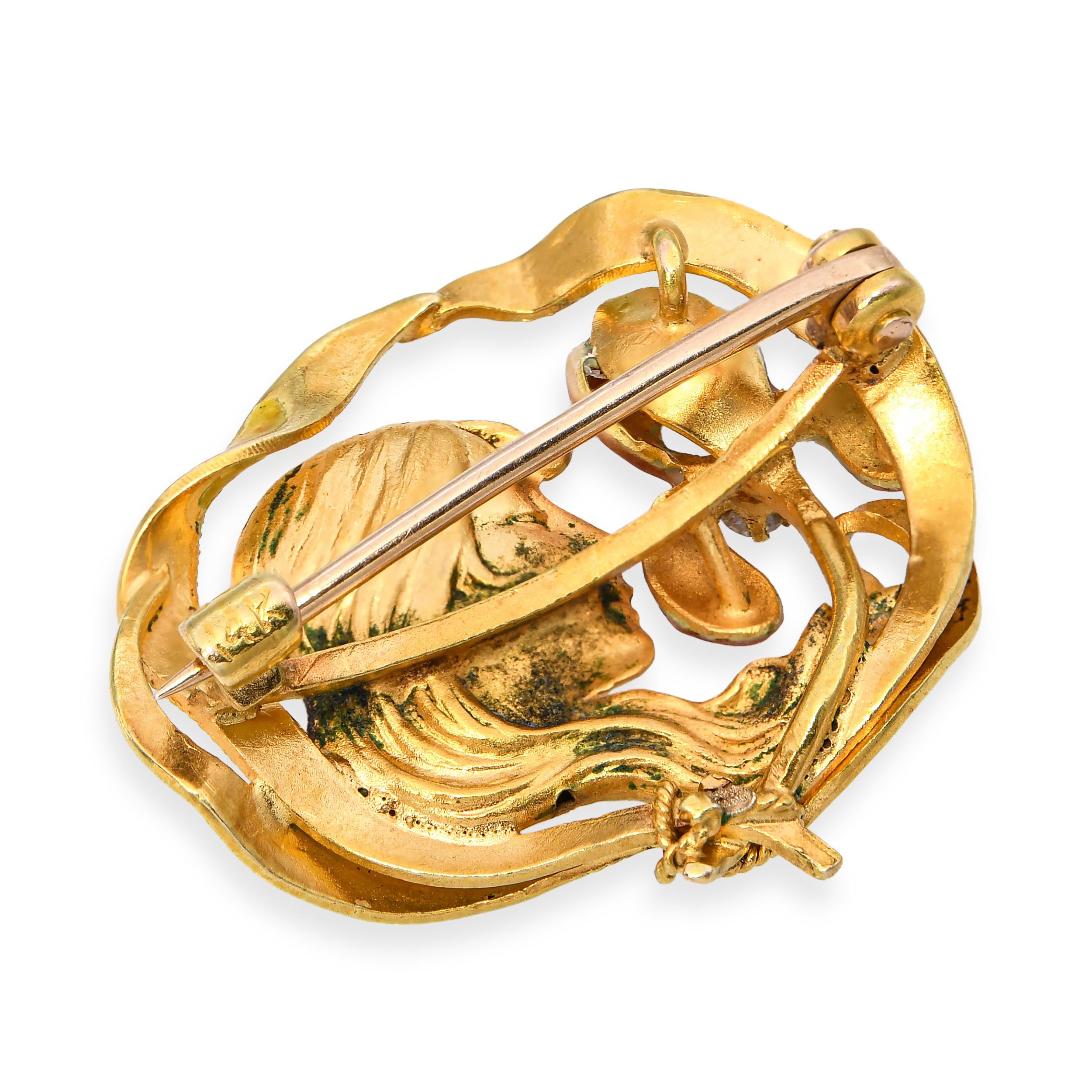 Antique Krementz & Co. Art Nouveau 14k Yellow Gold Enamel and Diamond Brooch
