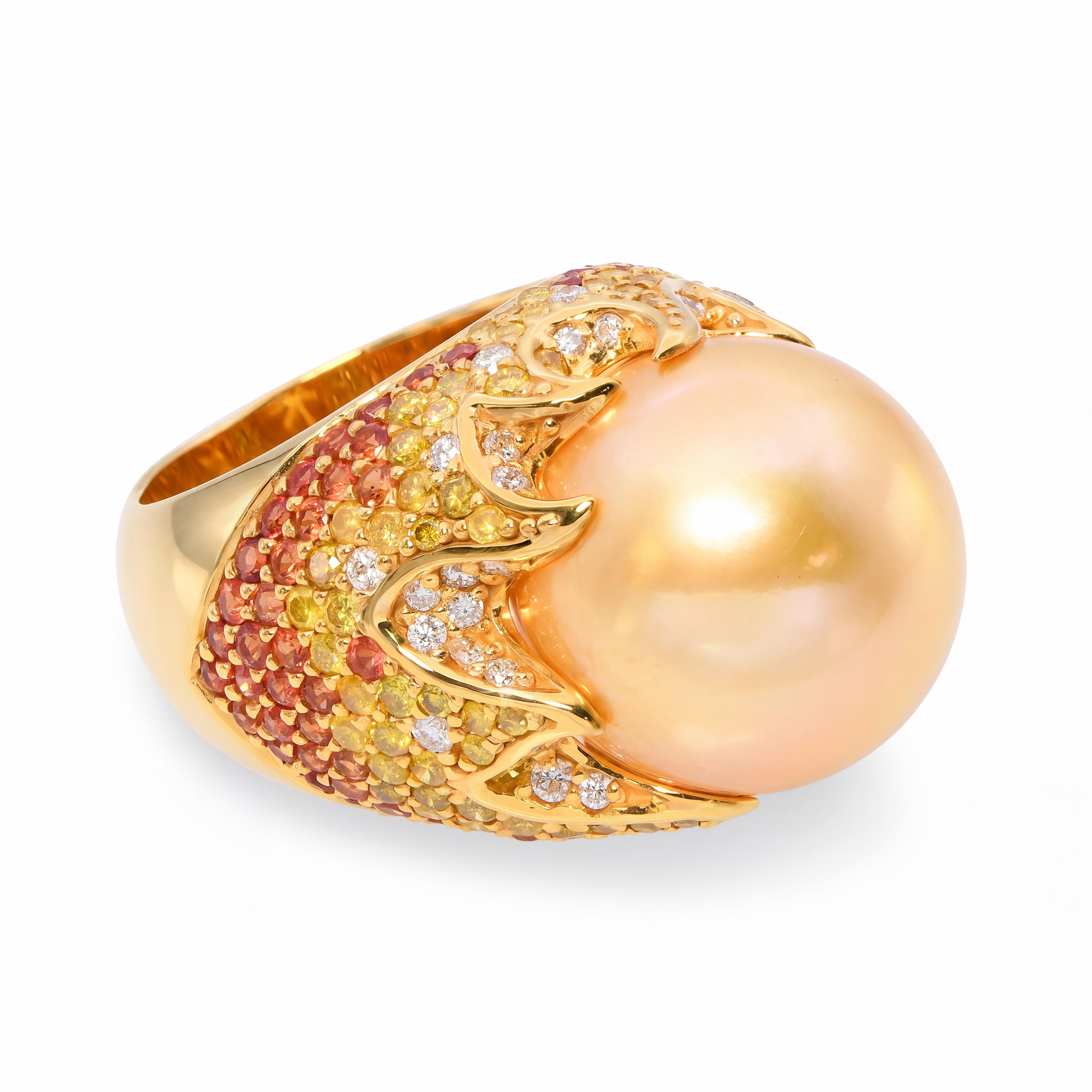 18k Yellow Gold South Sea Pearl Fancy Diamond and Sapphire Pave Flame Ring