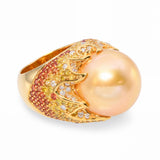 18k Yellow Gold South Sea Pearl Fancy Diamond and Sapphire Pave Flame Ring