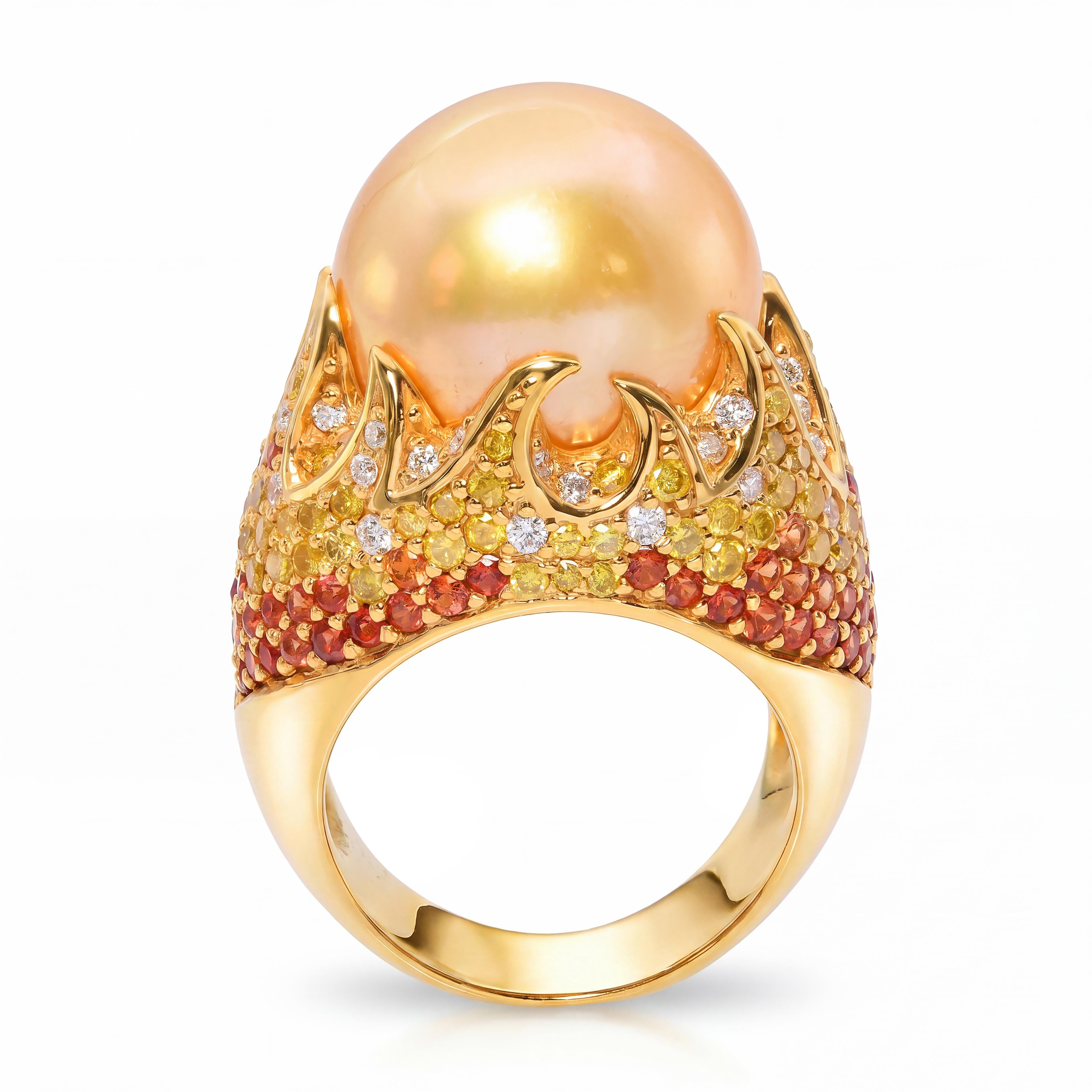 18k Yellow Gold South Sea Pearl Fancy Diamond and Sapphire Pave Flame Ring