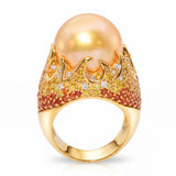 18k Yellow Gold South Sea Pearl Fancy Diamond and Sapphire Pave Flame Ring