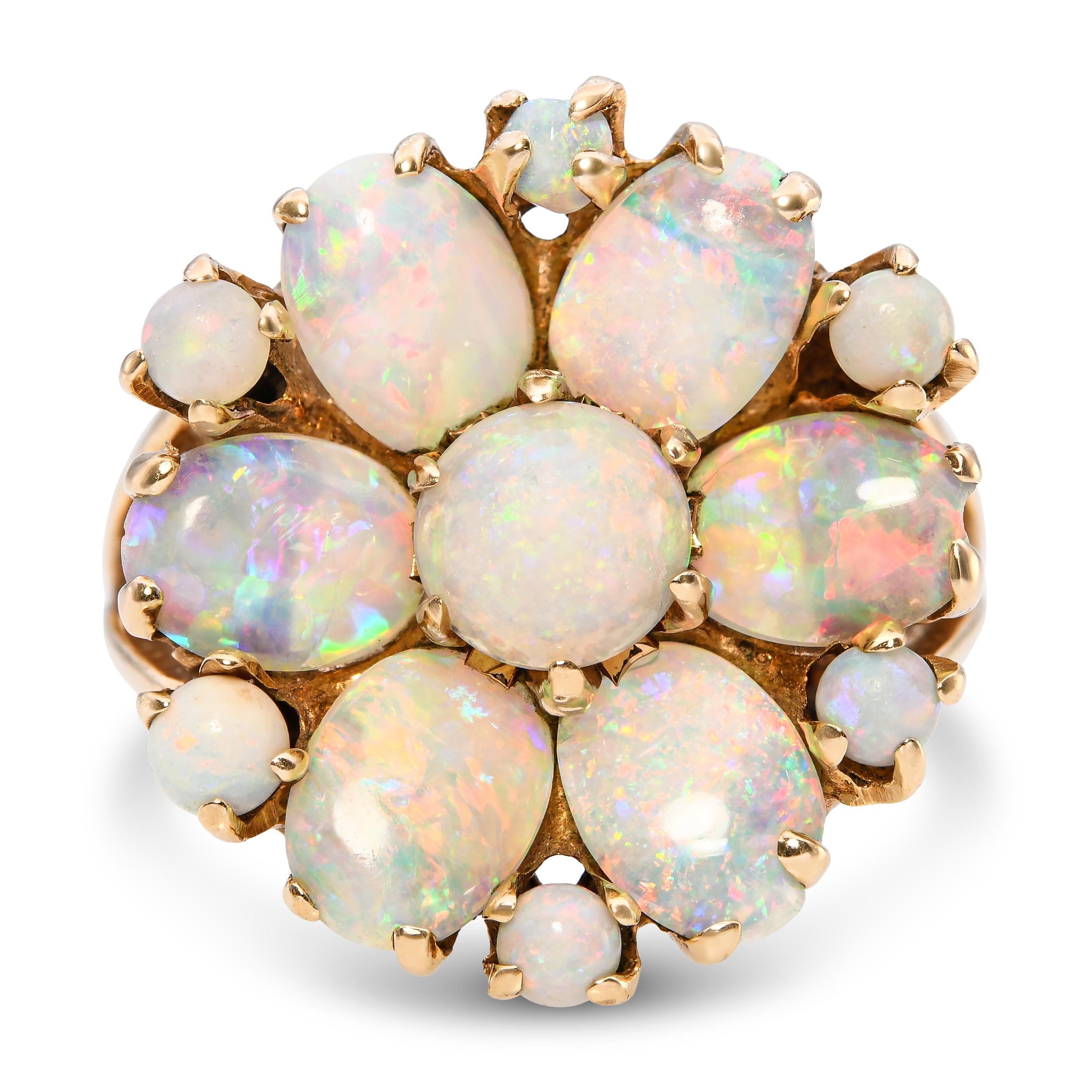 Vintage Yellow Gold Opal Floral Inspired Cluster Split Shank Ring