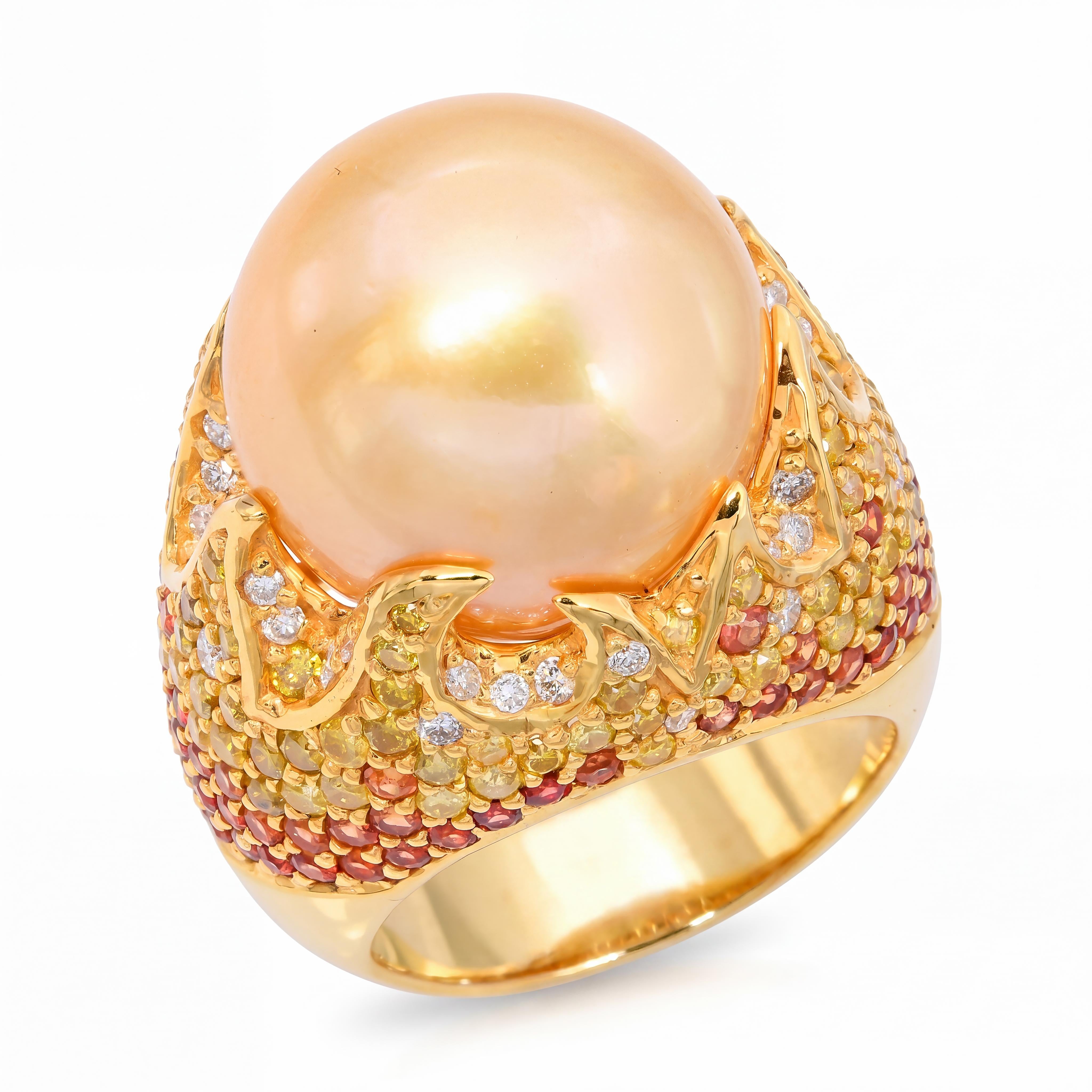 18k Yellow Gold South Sea Pearl Fancy Diamond and Sapphire Pave Flame Ring