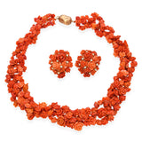 Vintage Yellow Gold Carved Red Coral Diamond Rose Motif Necklace and Earring Set