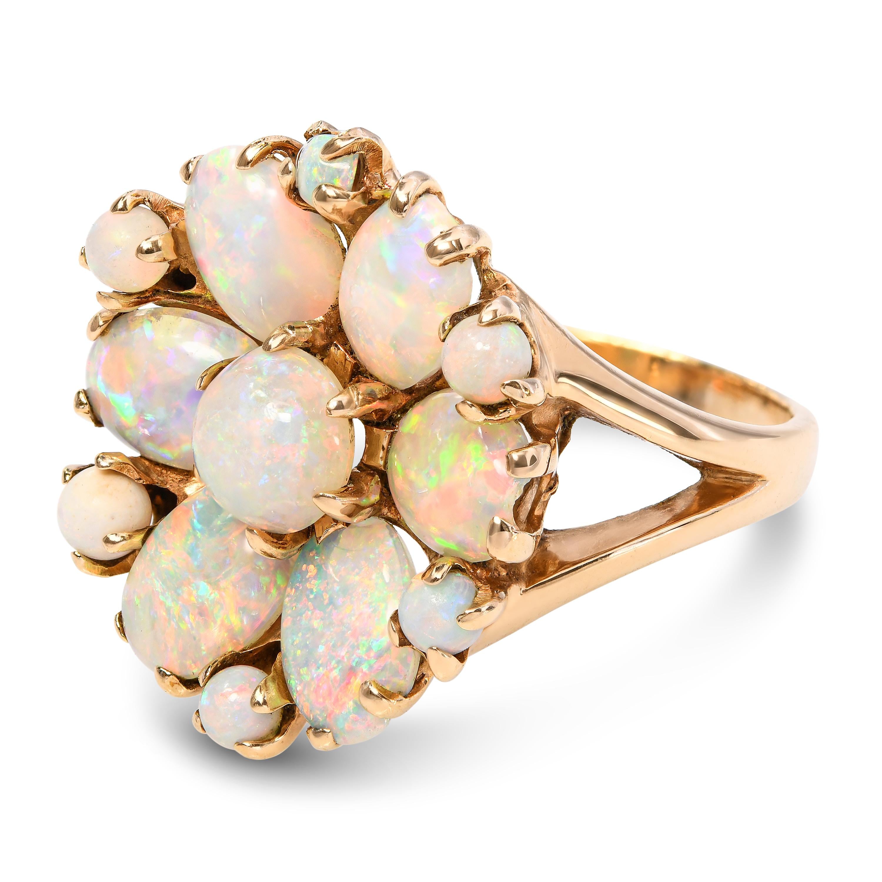 Vintage Yellow Gold Opal Floral Inspired Cluster Split Shank Ring
