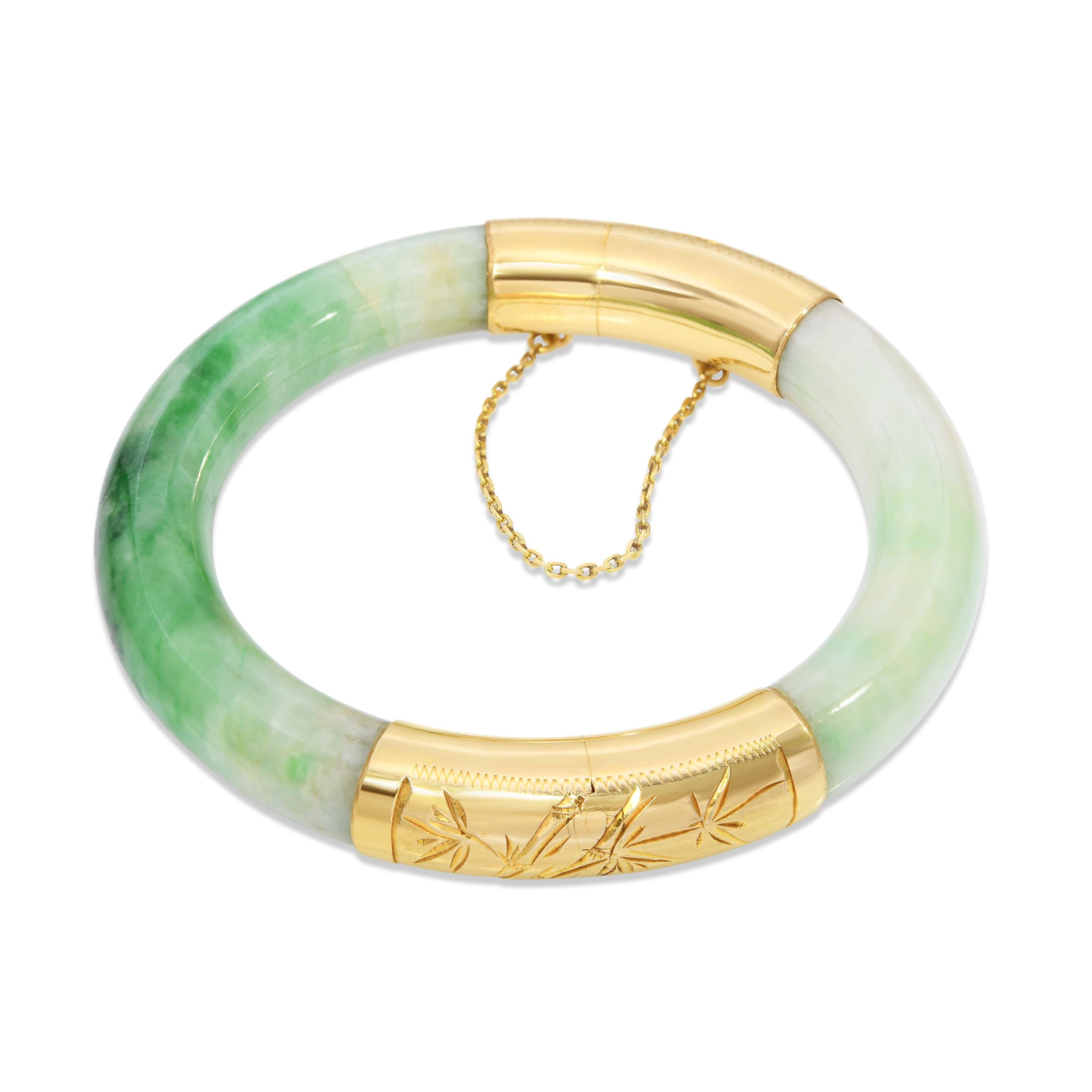 Vintage 14k Yellow Gold Green Jadeite Jade Hinged Bangle Bracelet