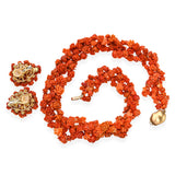 Vintage Yellow Gold Carved Red Coral Diamond Rose Motif Necklace and Earring Set