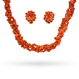 Vintage Yellow Gold Carved Red Coral Diamond Rose Motif Necklace and Earring Set