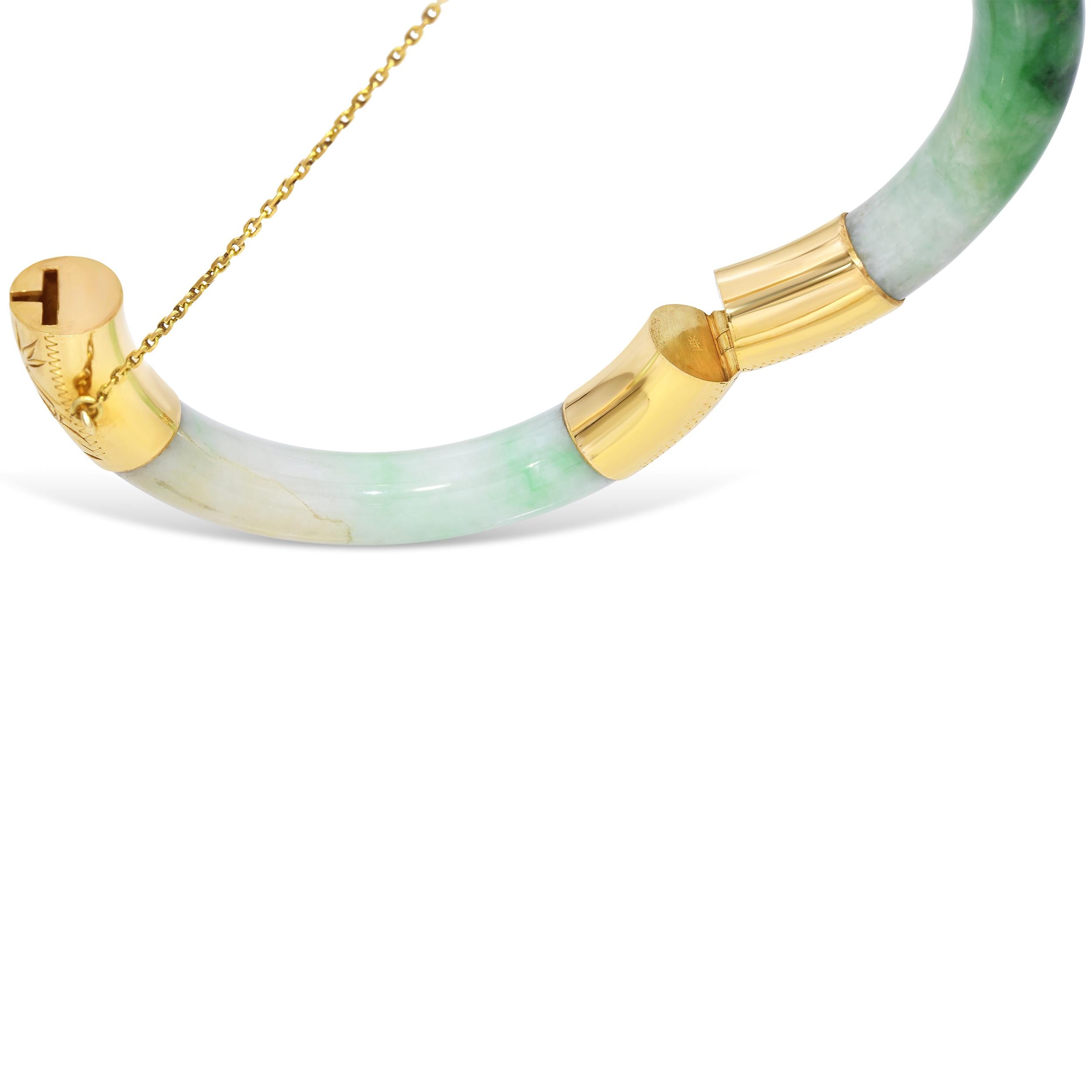 Vintage 14k Yellow Gold Green Jadeite Jade Hinged Bangle Bracelet