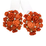 Vintage Yellow Gold Carved Red Coral Diamond Rose Motif Necklace and Earring Set