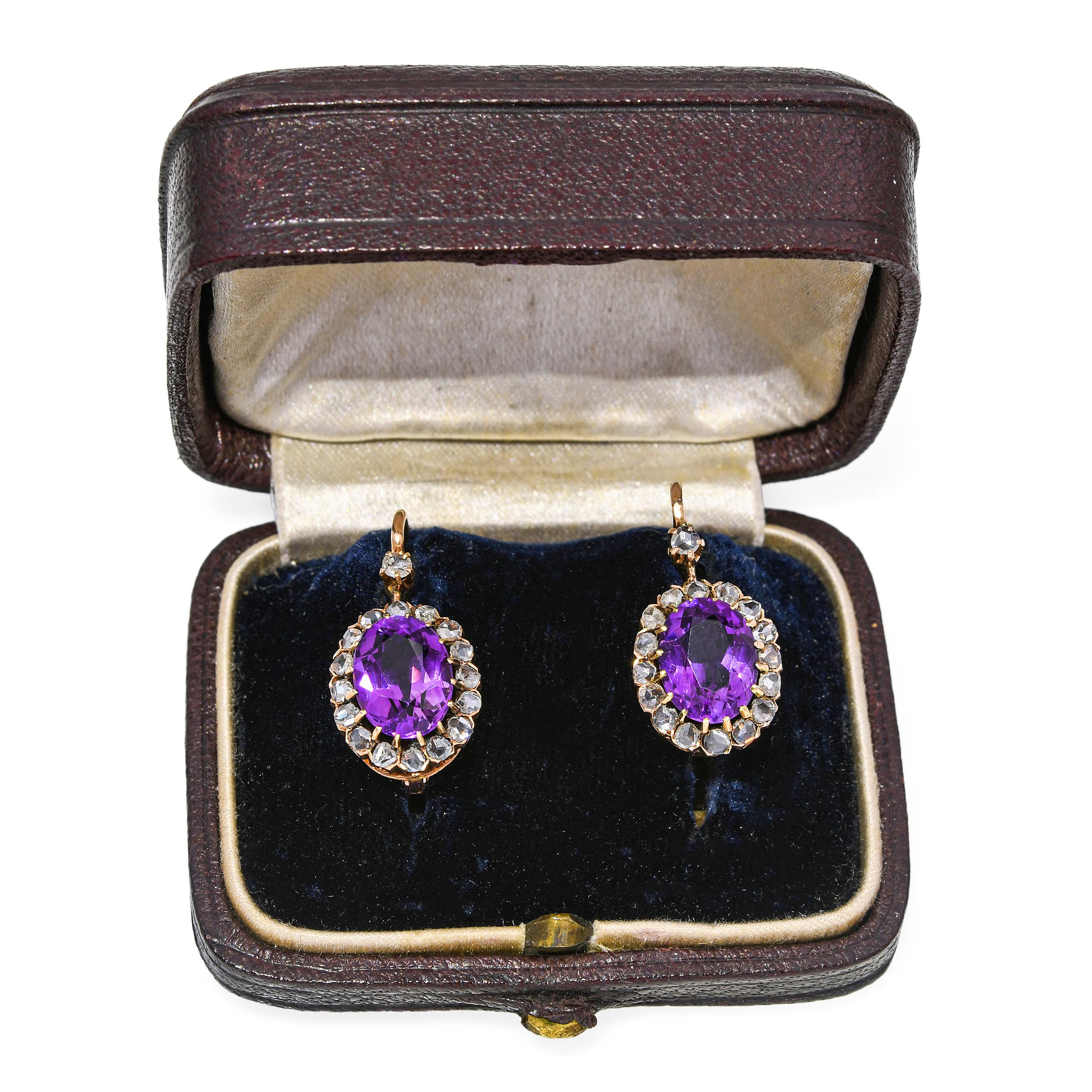 Victorian Rose Gold Amethyst and Rose Cut Diamond Earrings