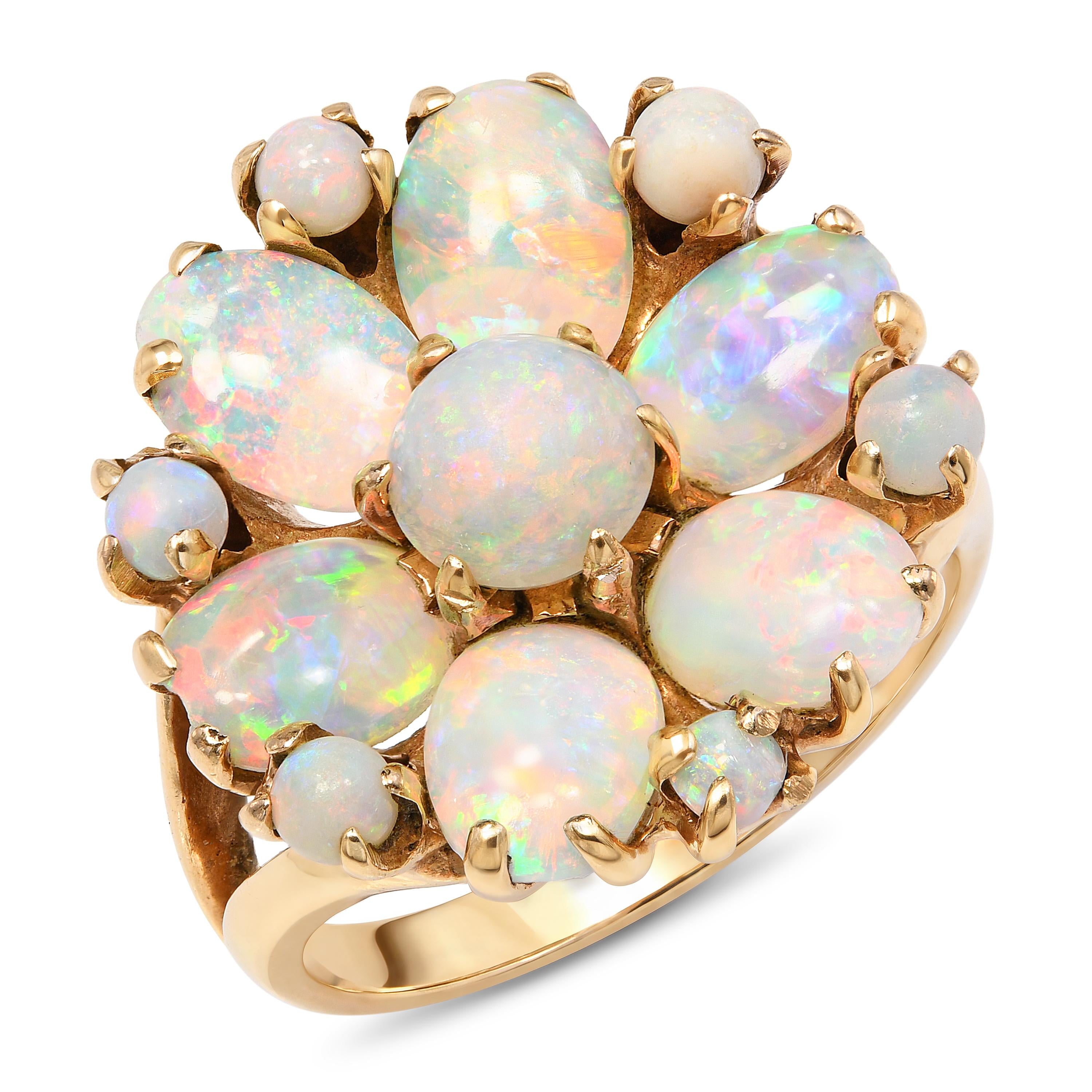 Vintage Yellow Gold Opal Floral Inspired Cluster Split Shank Ring