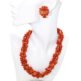 Vintage Yellow Gold Carved Red Coral Diamond Rose Motif Necklace and Earring Set