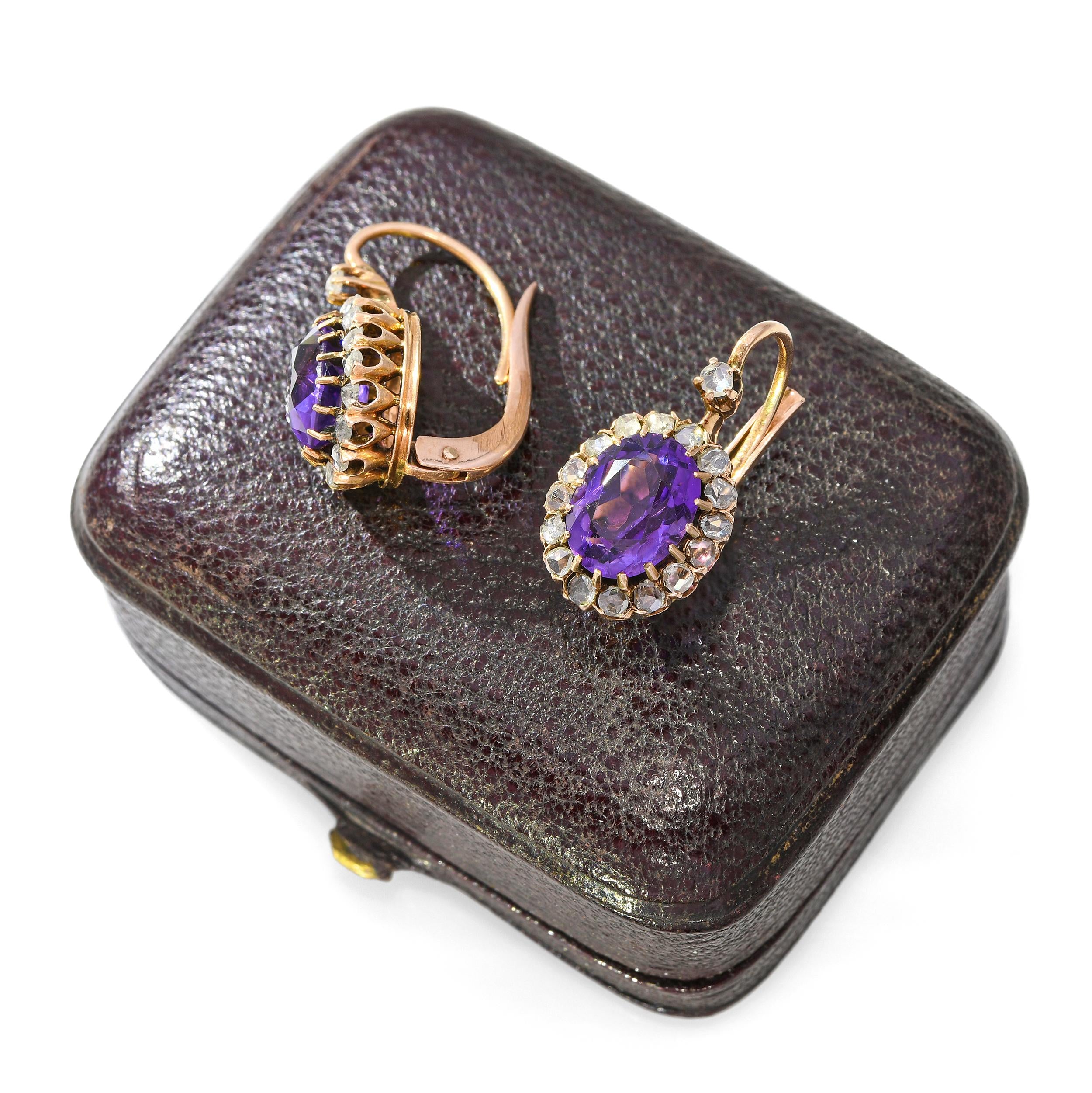 Victorian Rose Gold Amethyst and Rose Cut Diamond Earrings
