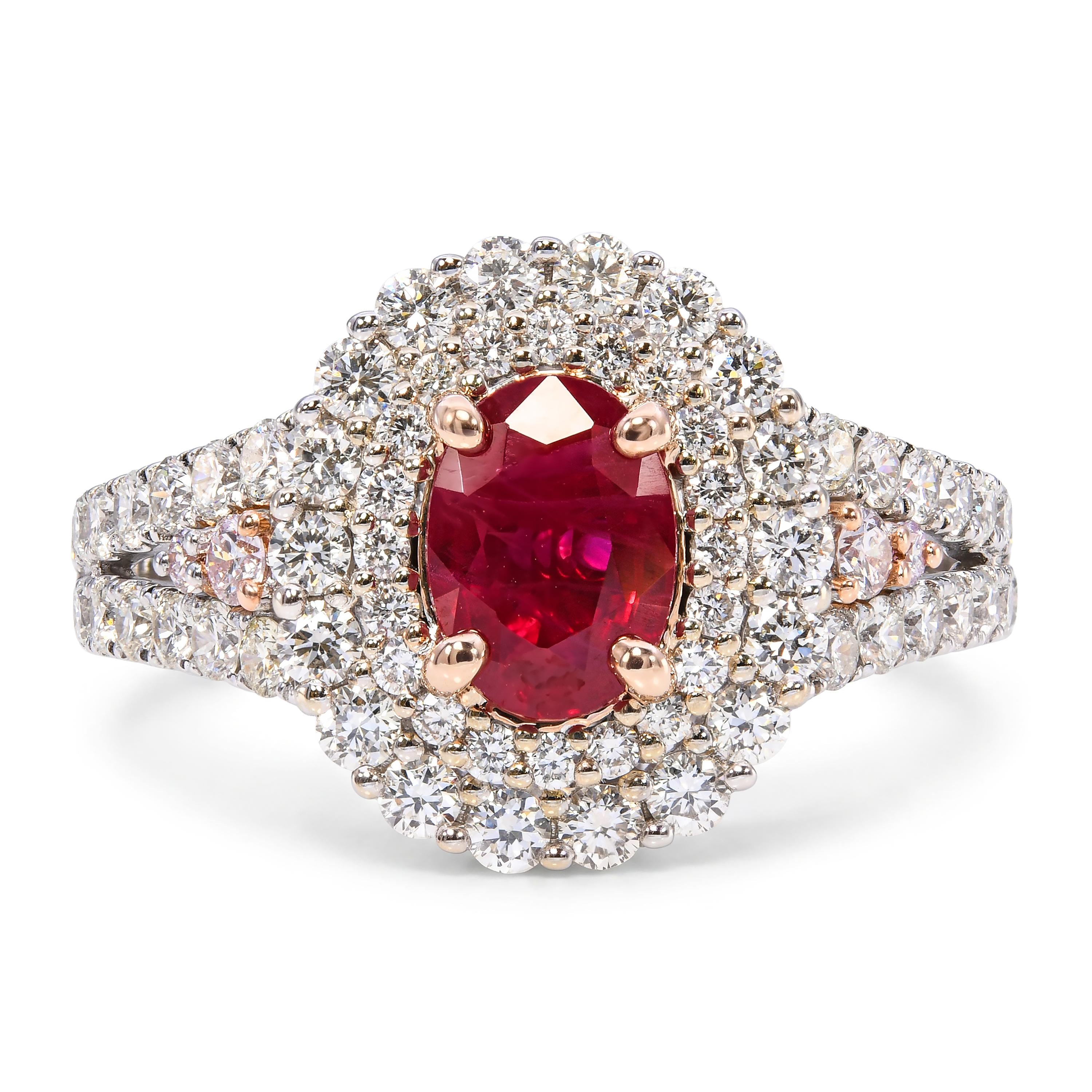 14k White Gold 1.09ct Burmese Ruby and 1.25ctw White & Pink Diamond Ring