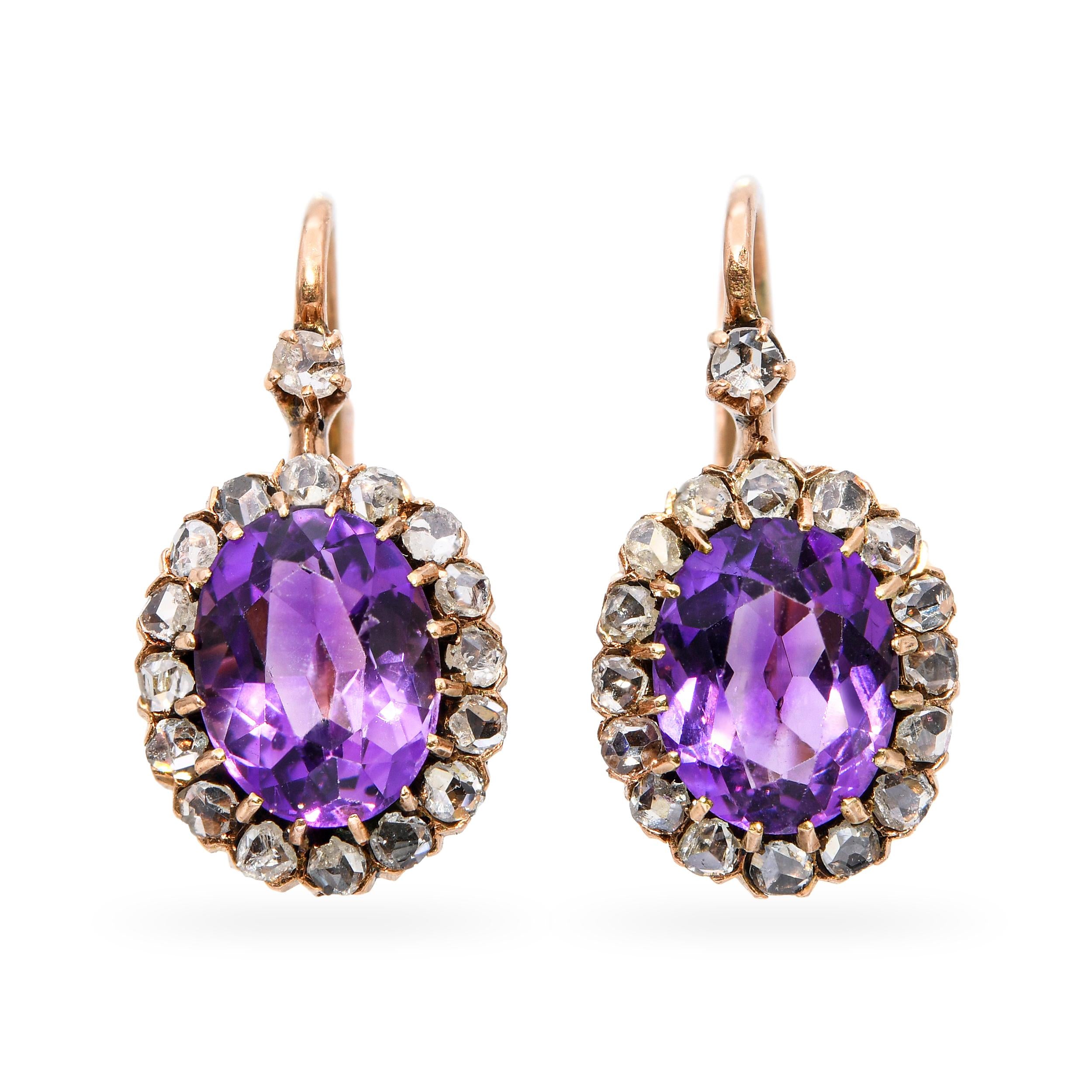 Victorian Rose Gold Amethyst and Rose Cut Diamond Earrings