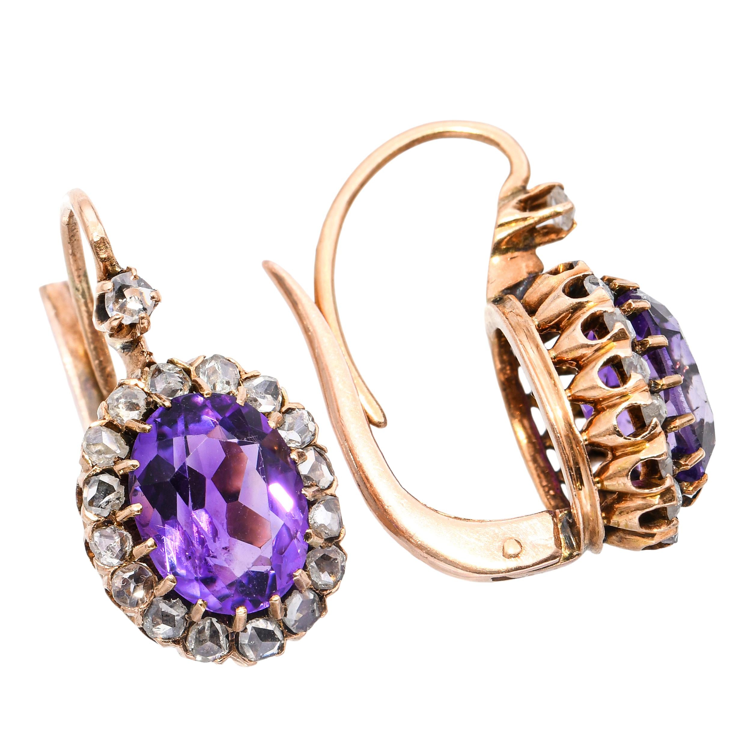 Victorian Rose Gold Amethyst and Rose Cut Diamond Earrings
