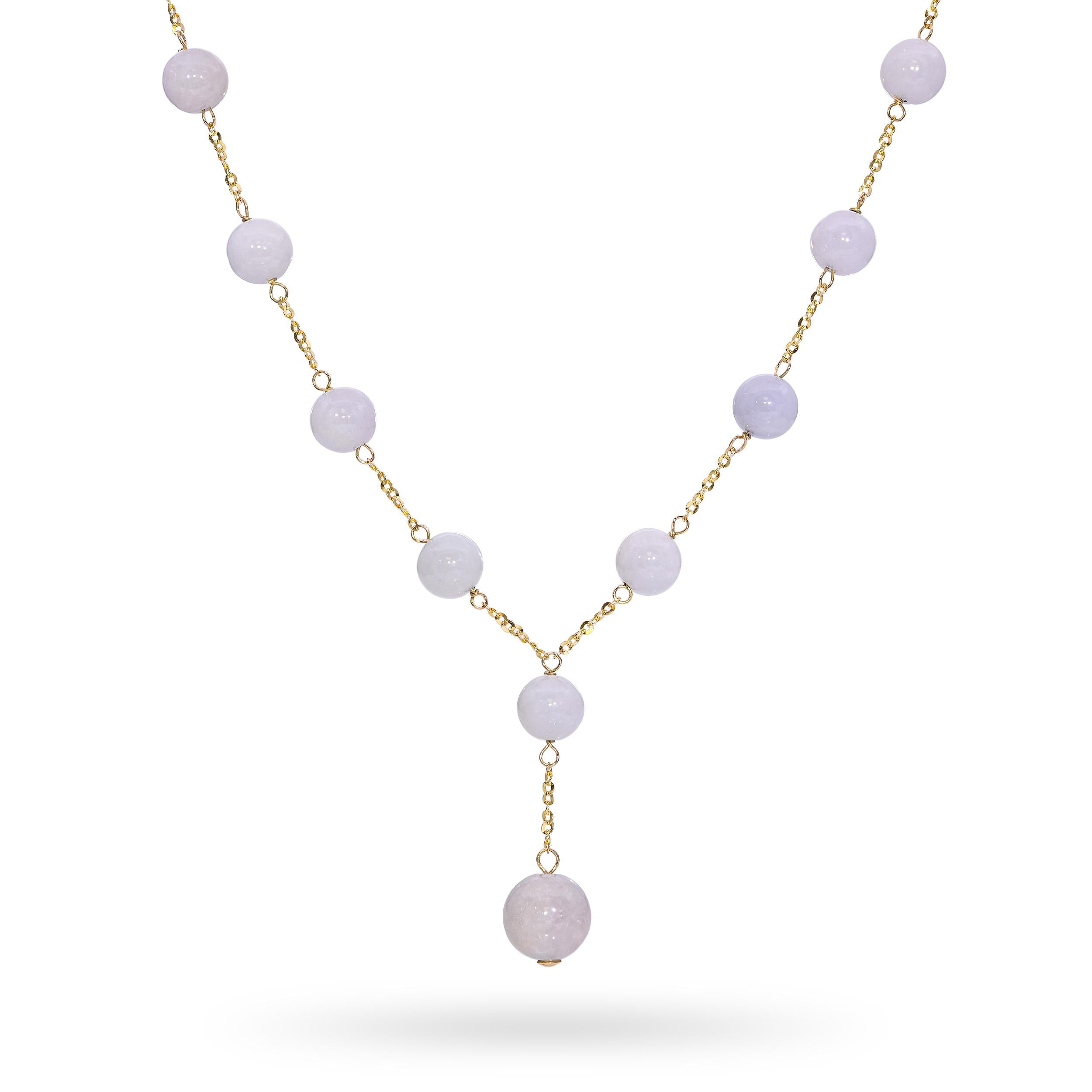 14k Yellow Gold Lavender Jade Bead Station Drop Pendant Y-Design Necklace