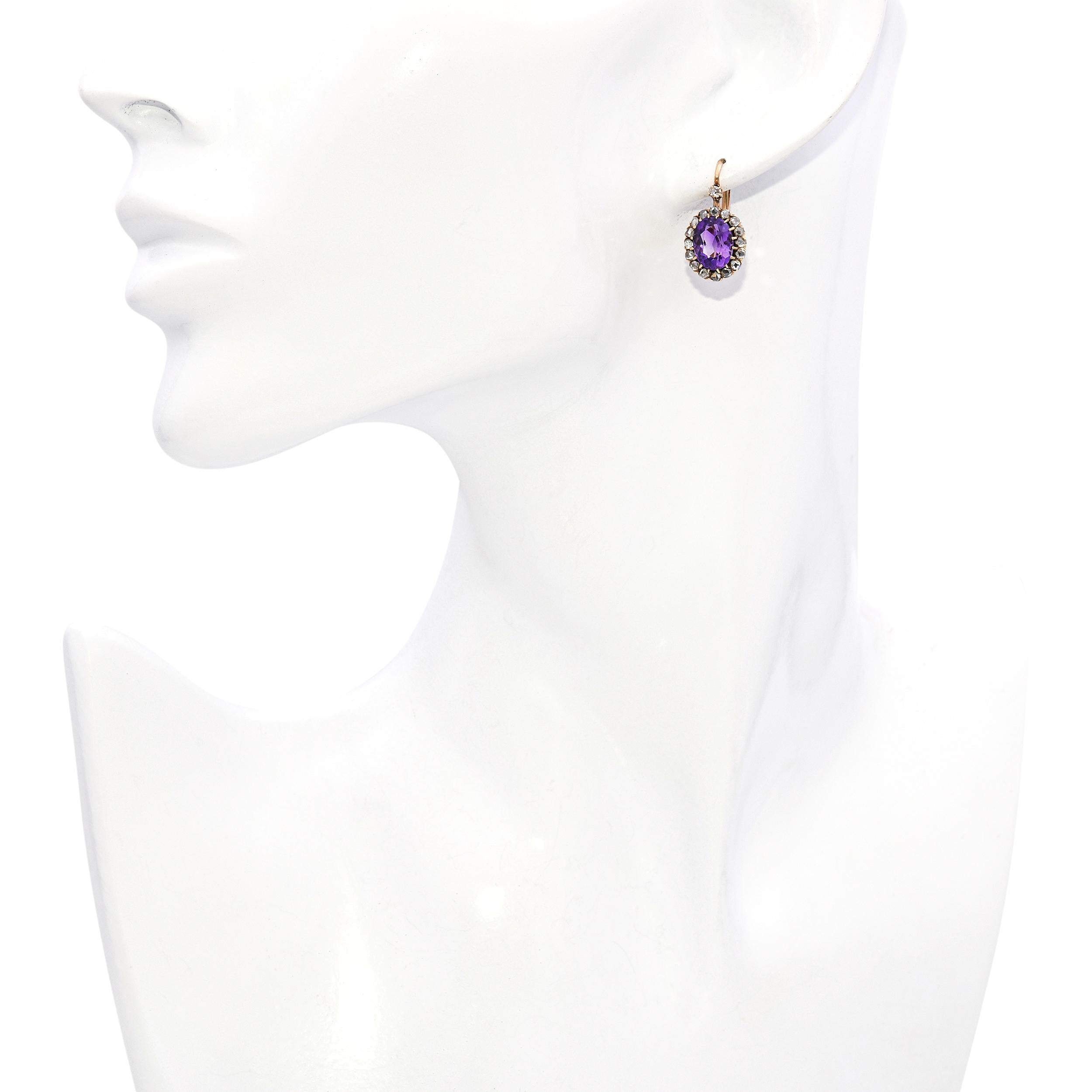 Victorian Rose Gold Amethyst and Rose Cut Diamond Earrings