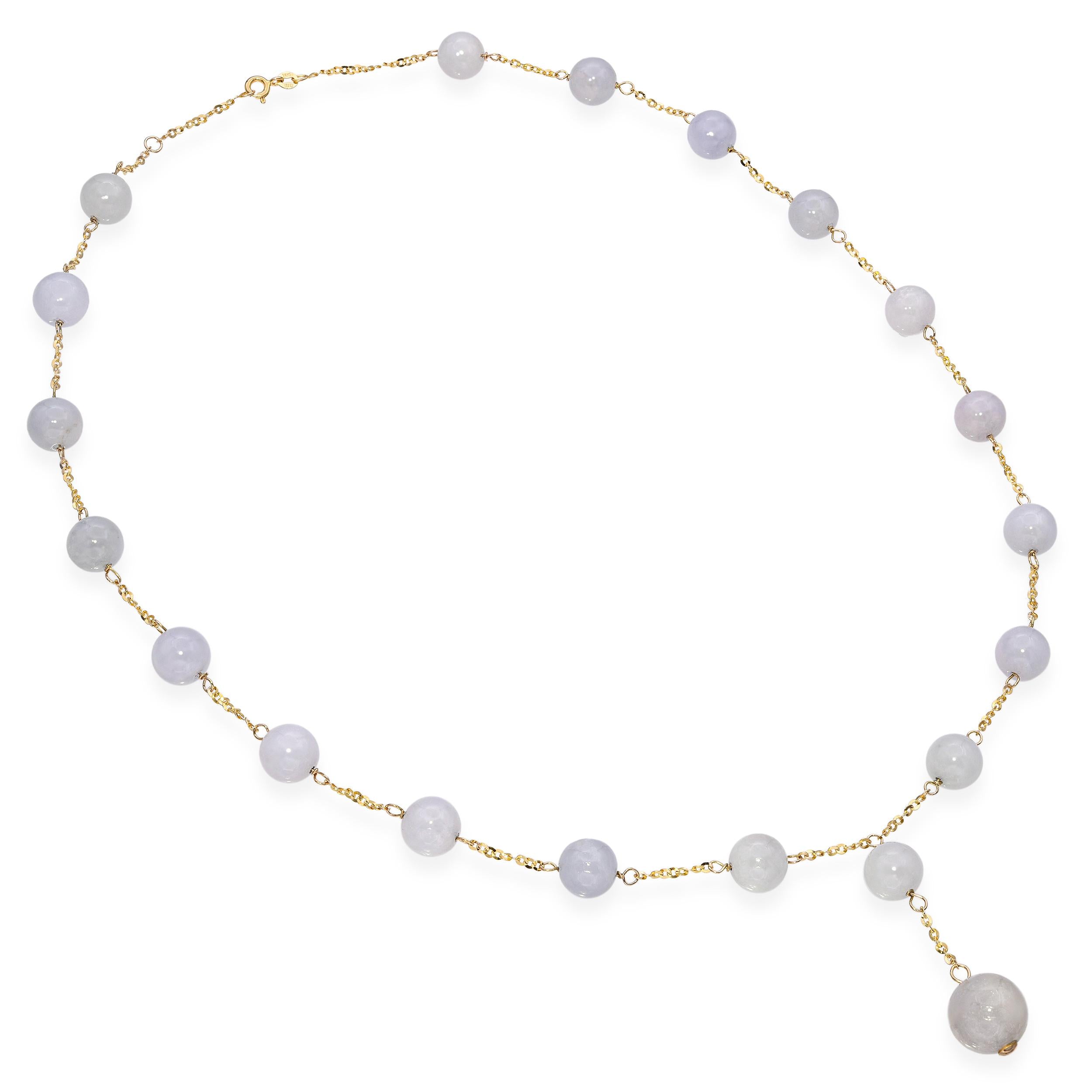 14k Yellow Gold Lavender Jade Bead Station Drop Pendant Y-Design Necklace
