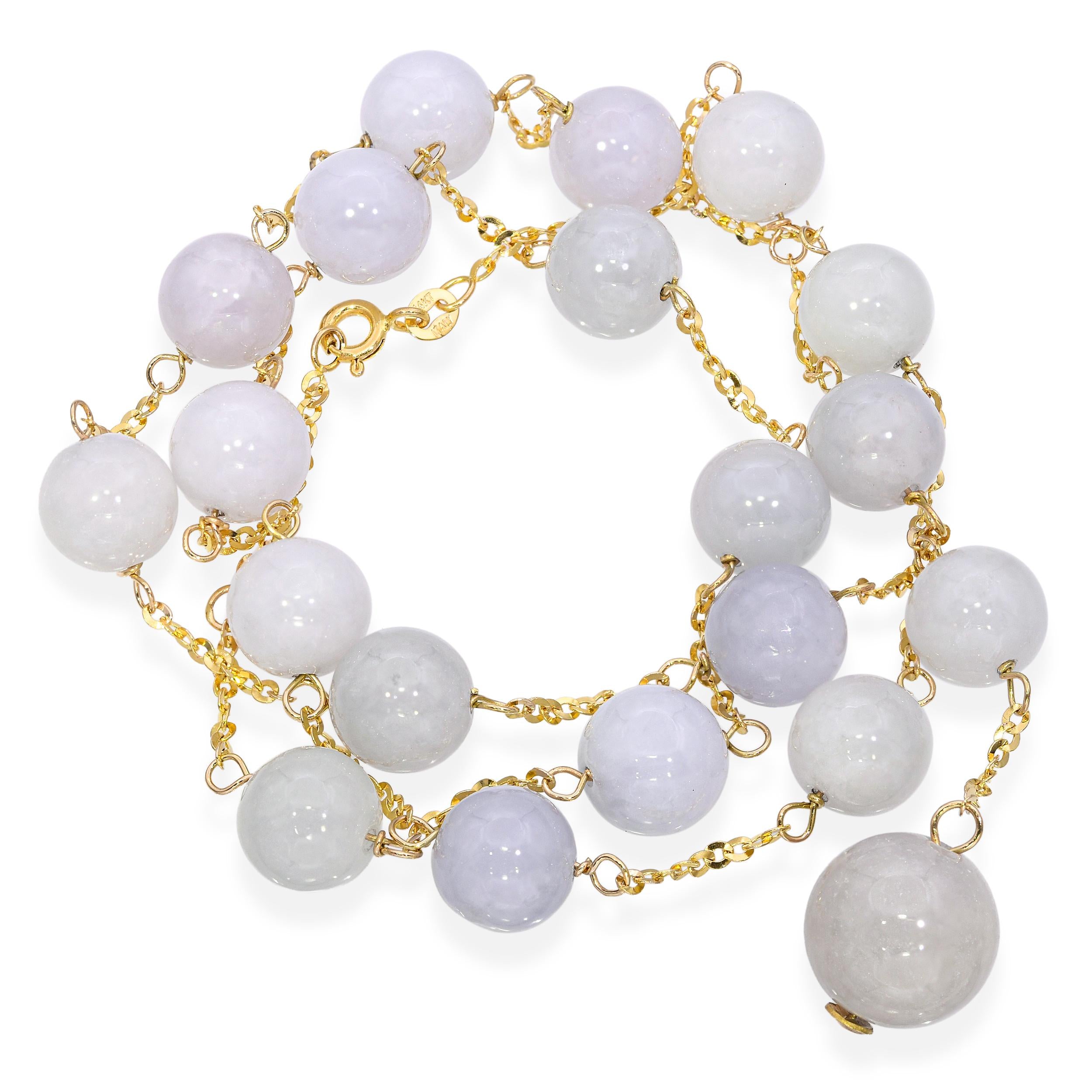 14k Yellow Gold Lavender Jade Bead Station Drop Pendant Y-Design Necklace