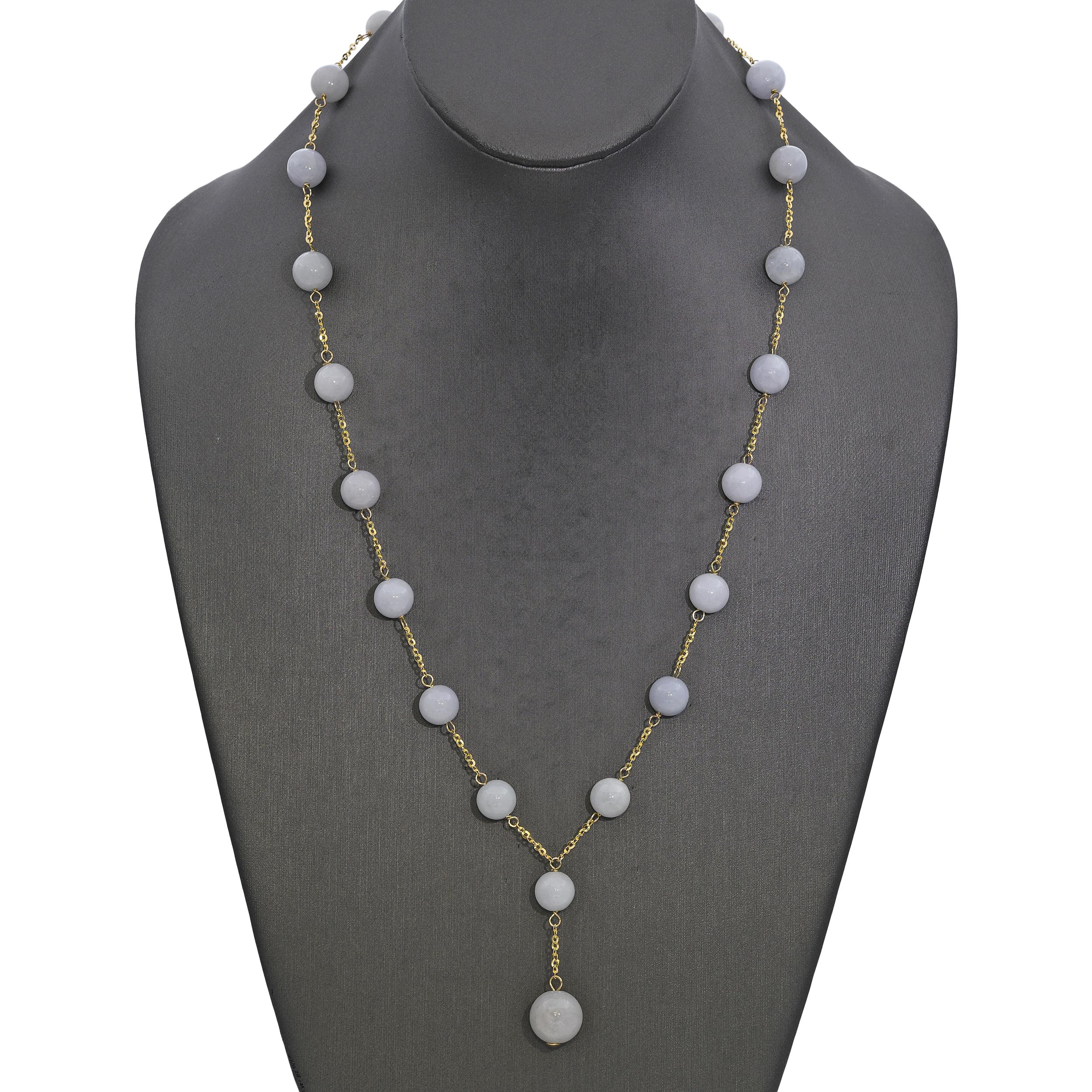 14k Yellow Gold Lavender Jade Bead Station Drop Pendant Y-Design Necklace