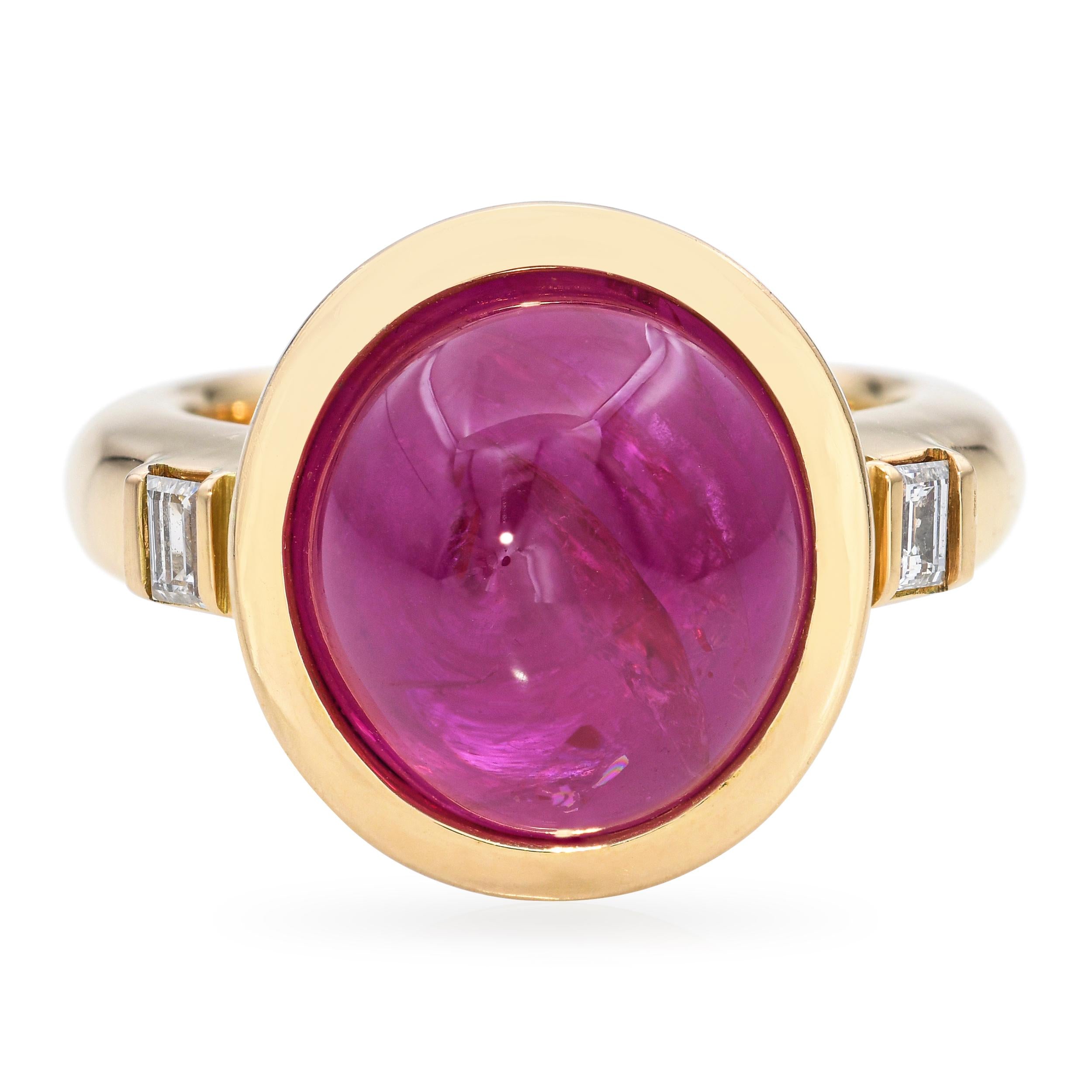 18k Yellow Gold 11ct Ruby Cabochon and Diamond Ring
