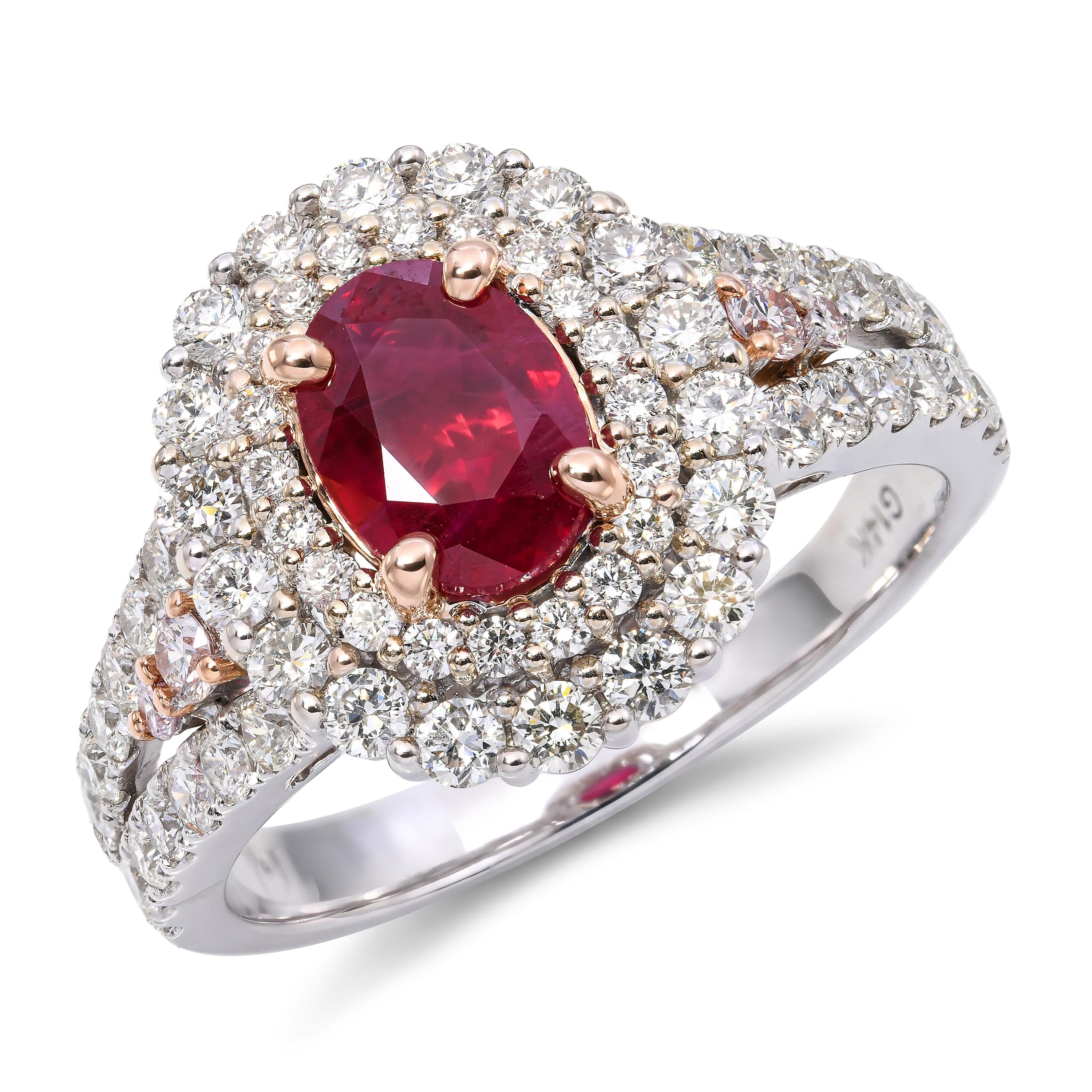 14k White Gold 1.09ct Burmese Ruby and 1.25ctw White & Pink Diamond Ring
