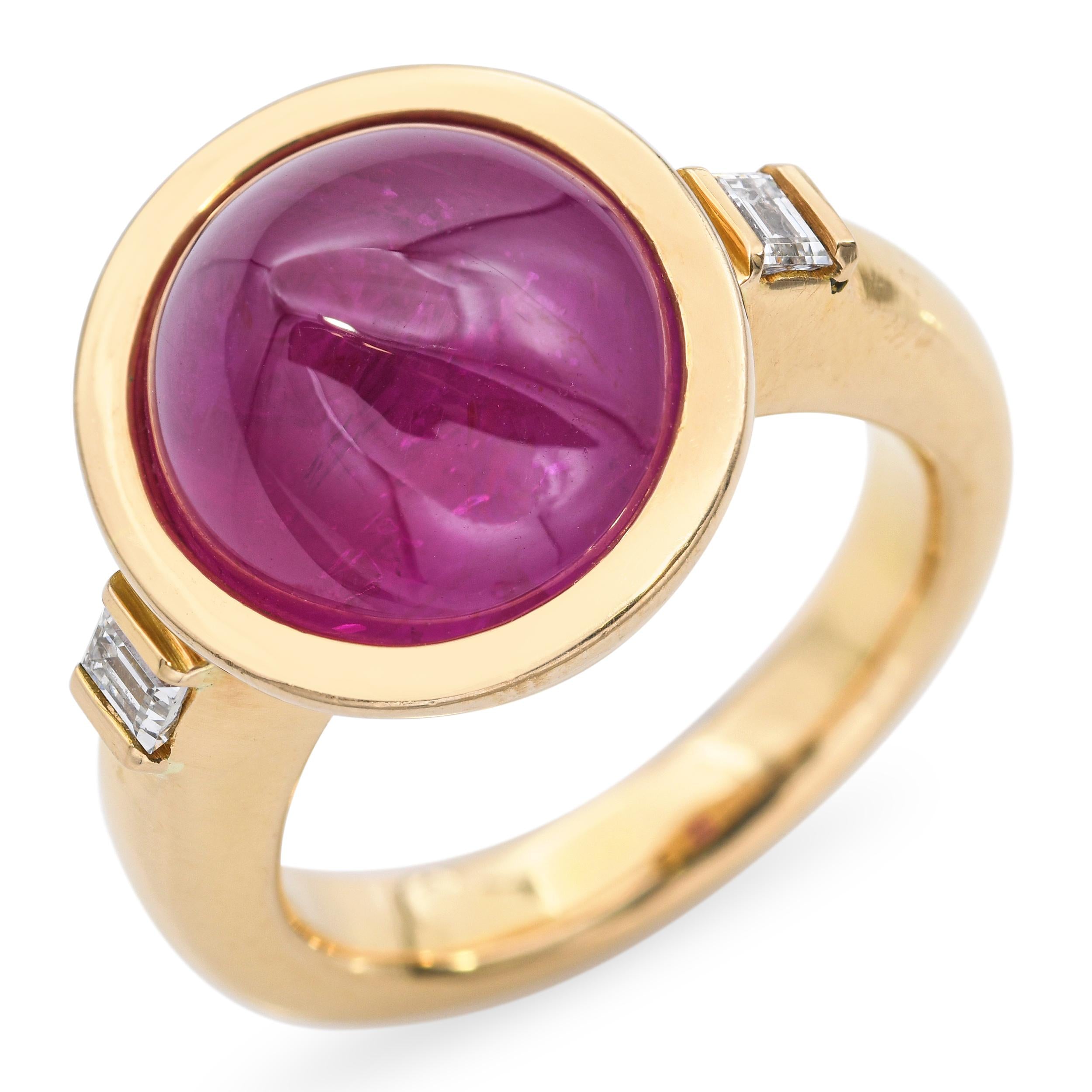 18k Yellow Gold 11ct Ruby Cabochon and Diamond Ring