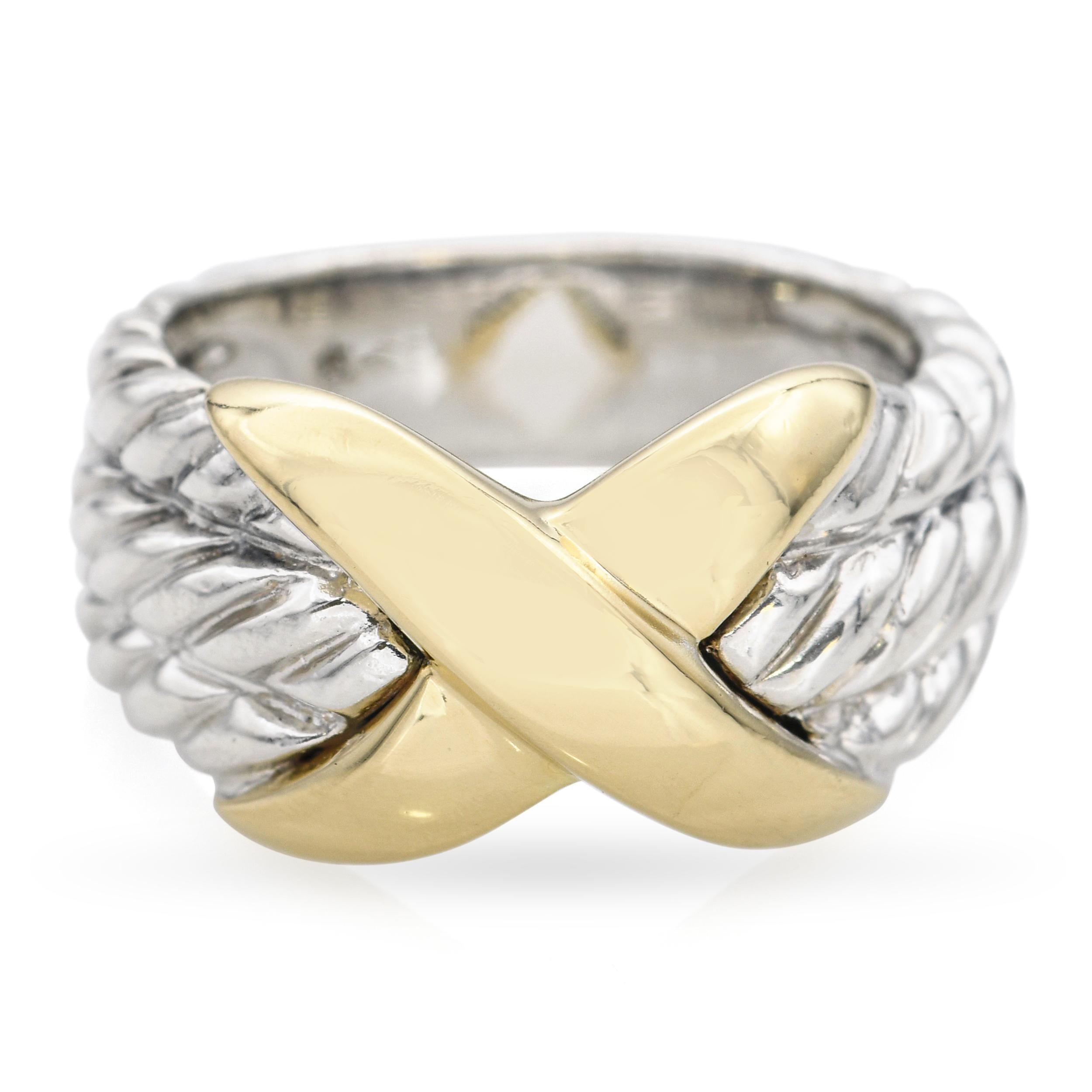 David Yurman Sterling Silver and 14k White Gold Braided X Cross Ring