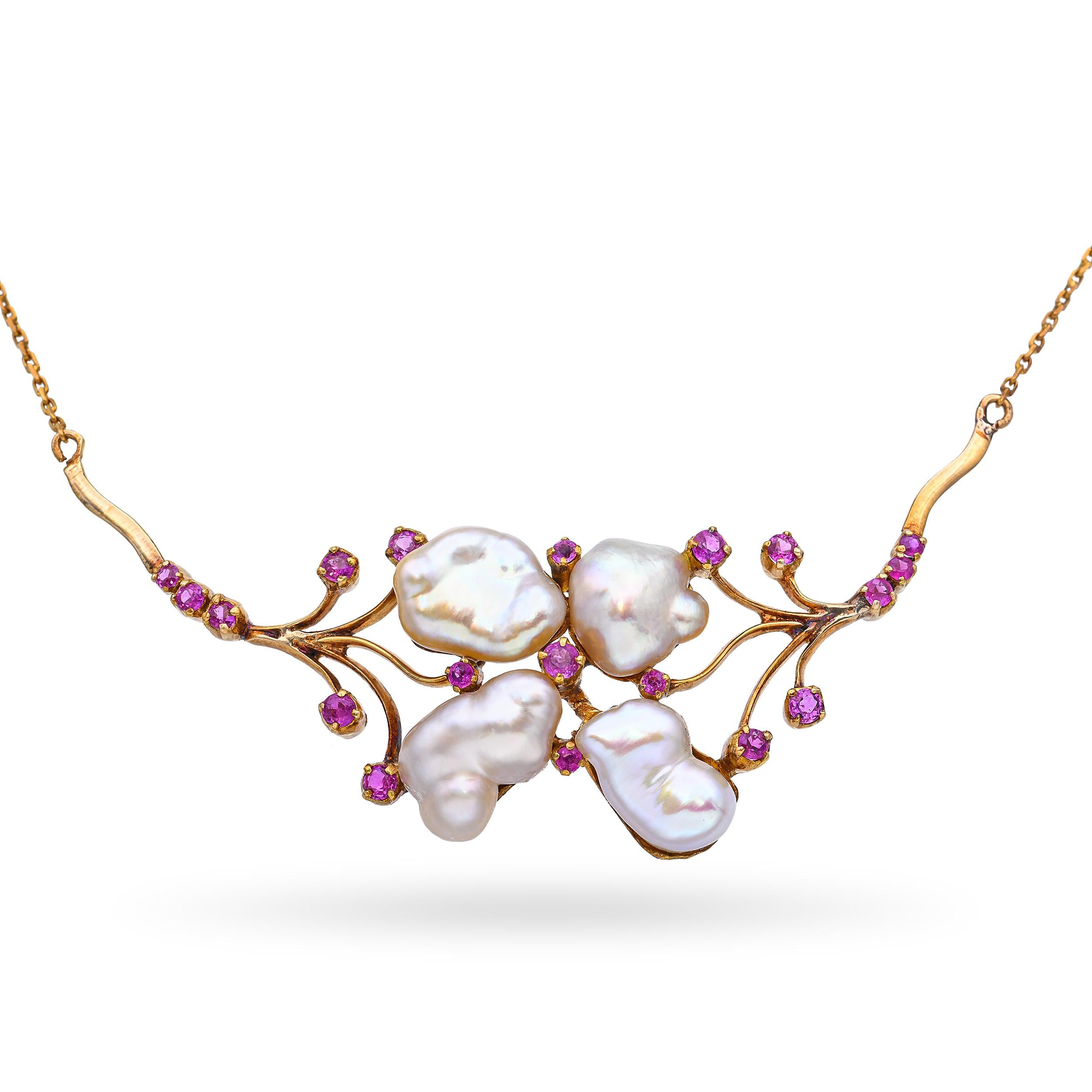 Vintage 18k Yellow Gold Baroque Pearl and Burmese Pink Sapphire Necklace