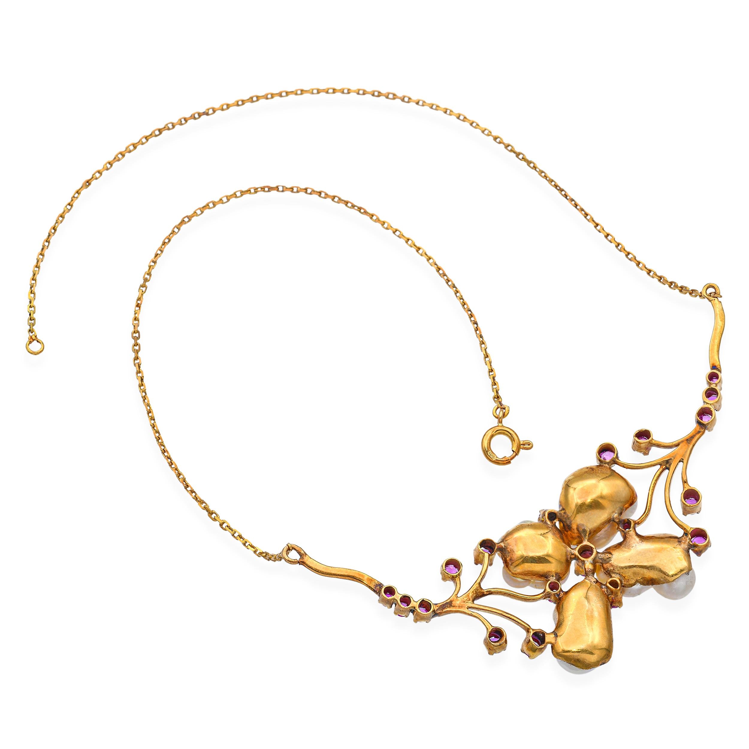 Vintage 18k Yellow Gold Baroque Pearl and Burmese Pink Sapphire Necklace