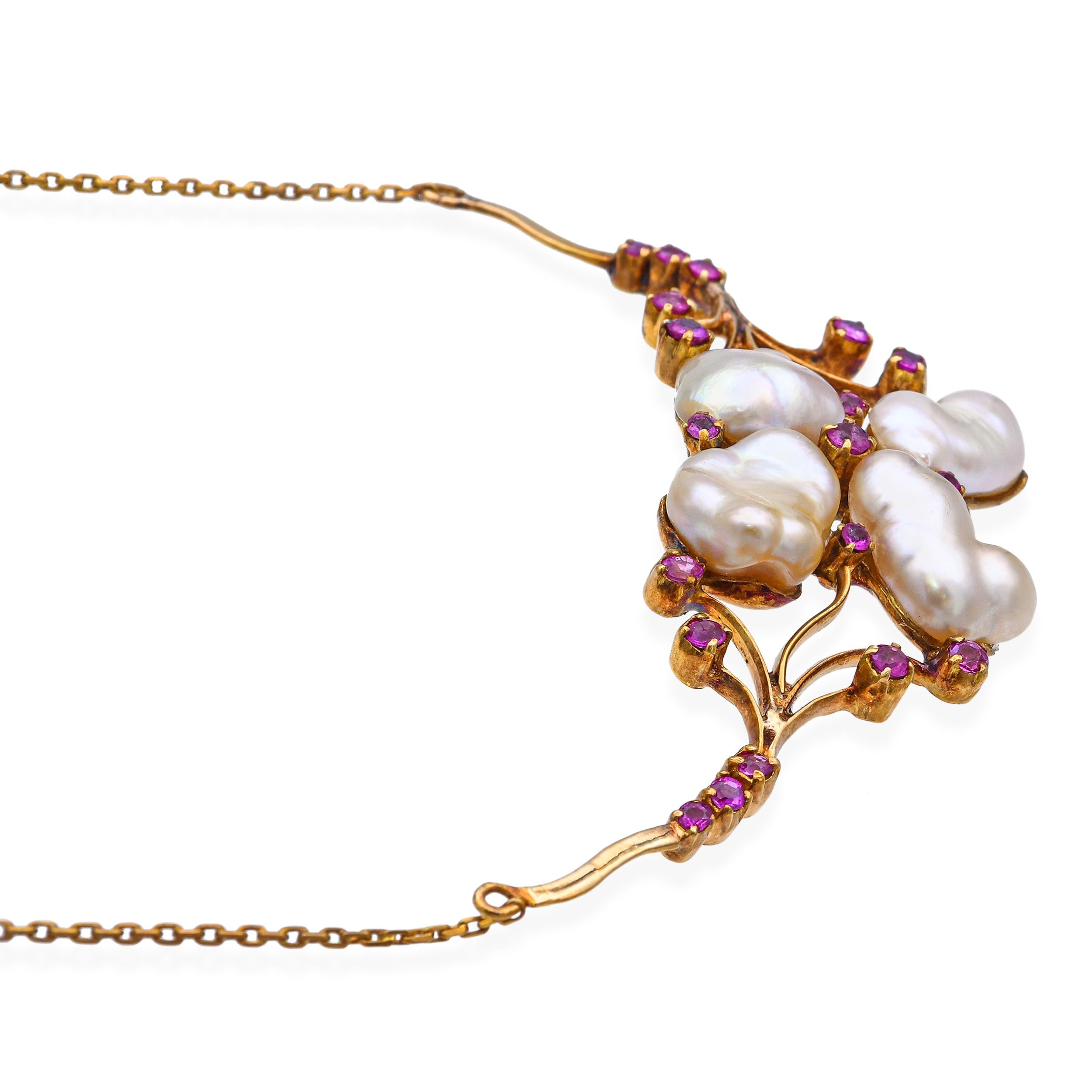 Vintage 18k Yellow Gold Baroque Pearl and Burmese Pink Sapphire Necklace