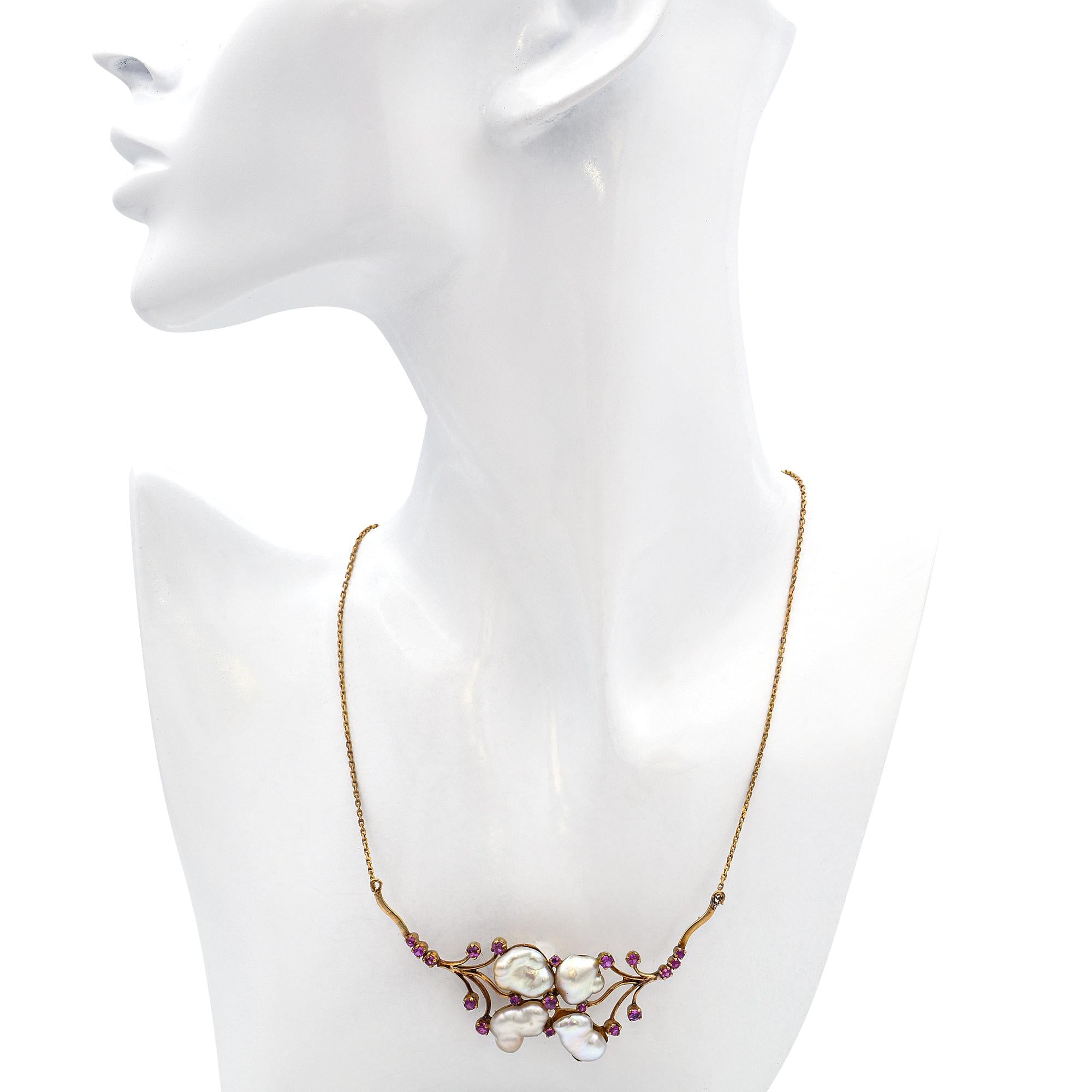 Vintage 18k Yellow Gold Baroque Pearl and Burmese Pink Sapphire Necklace