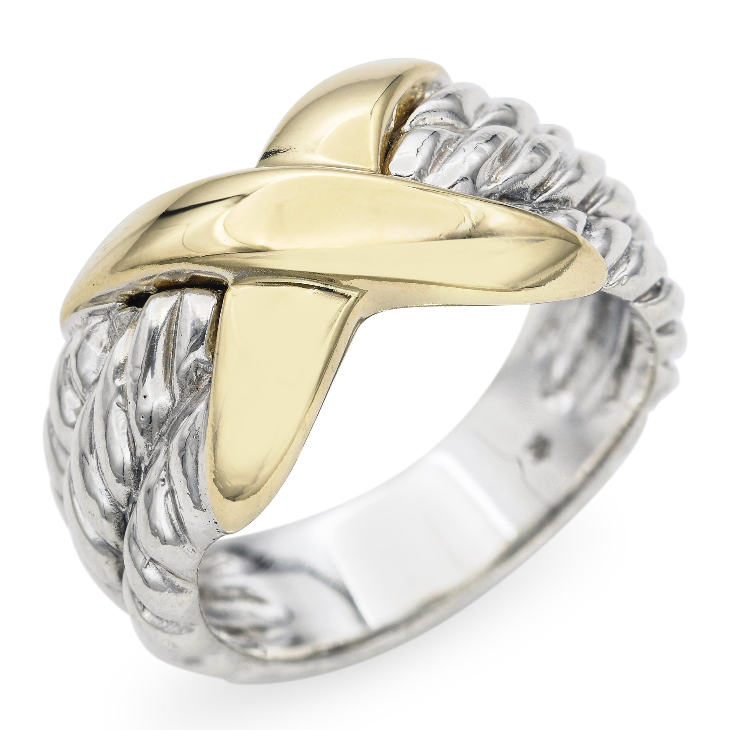 David Yurman Sterling Silver and 14k White Gold Braided X Cross Ring