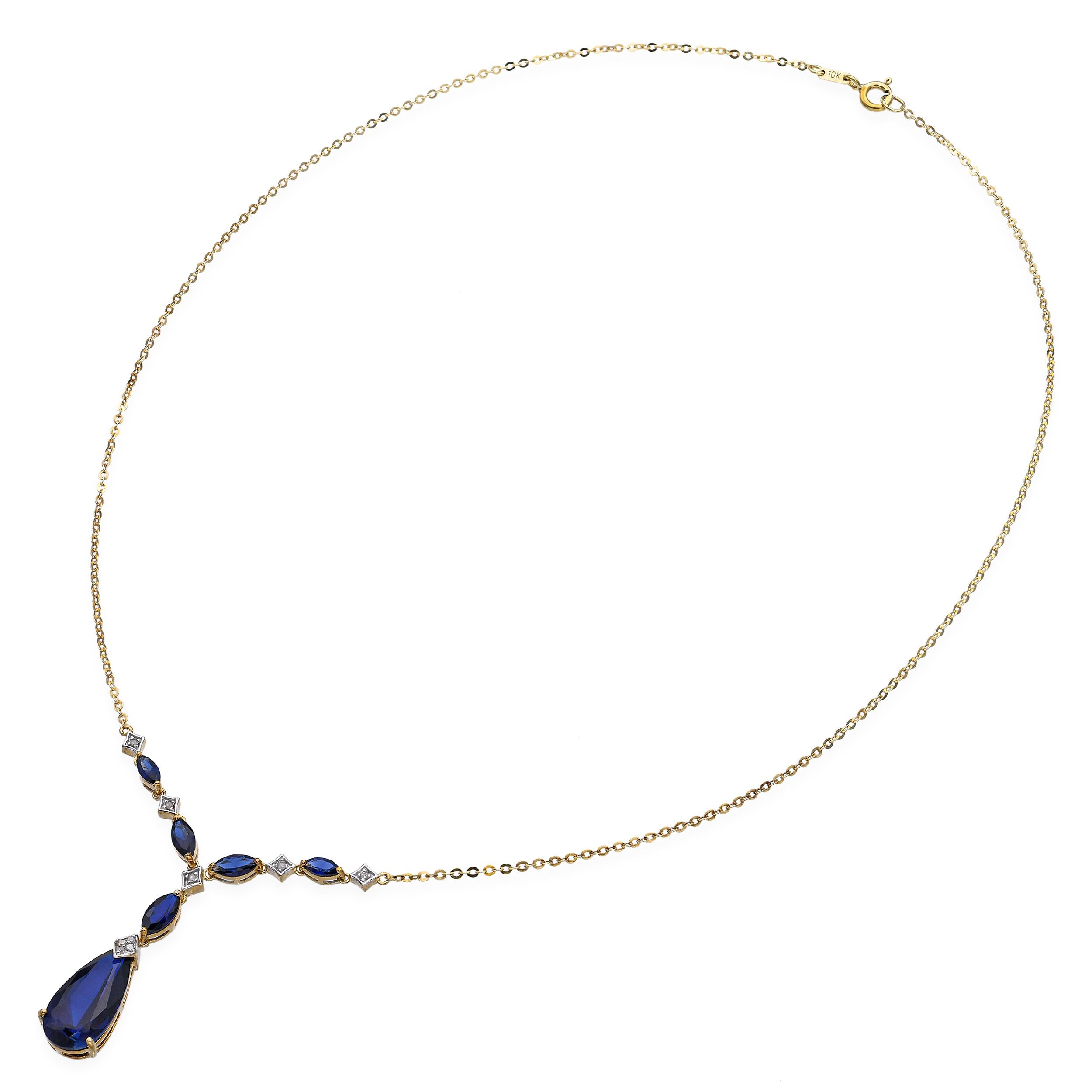 14k Yellow Gold Synthetic Sapphire and Diamond Drop Necklace