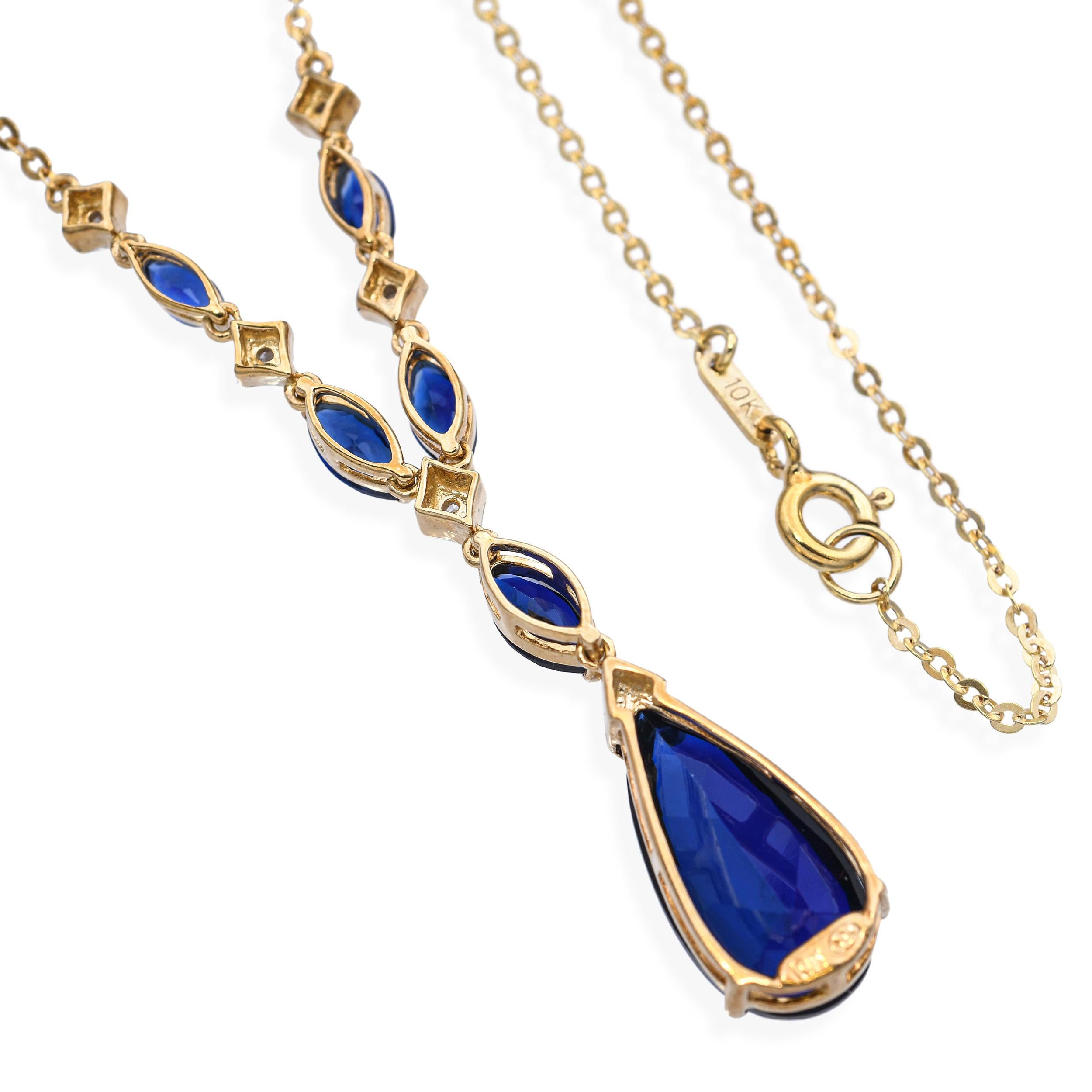 14k Yellow Gold Synthetic Sapphire and Diamond Drop Necklace