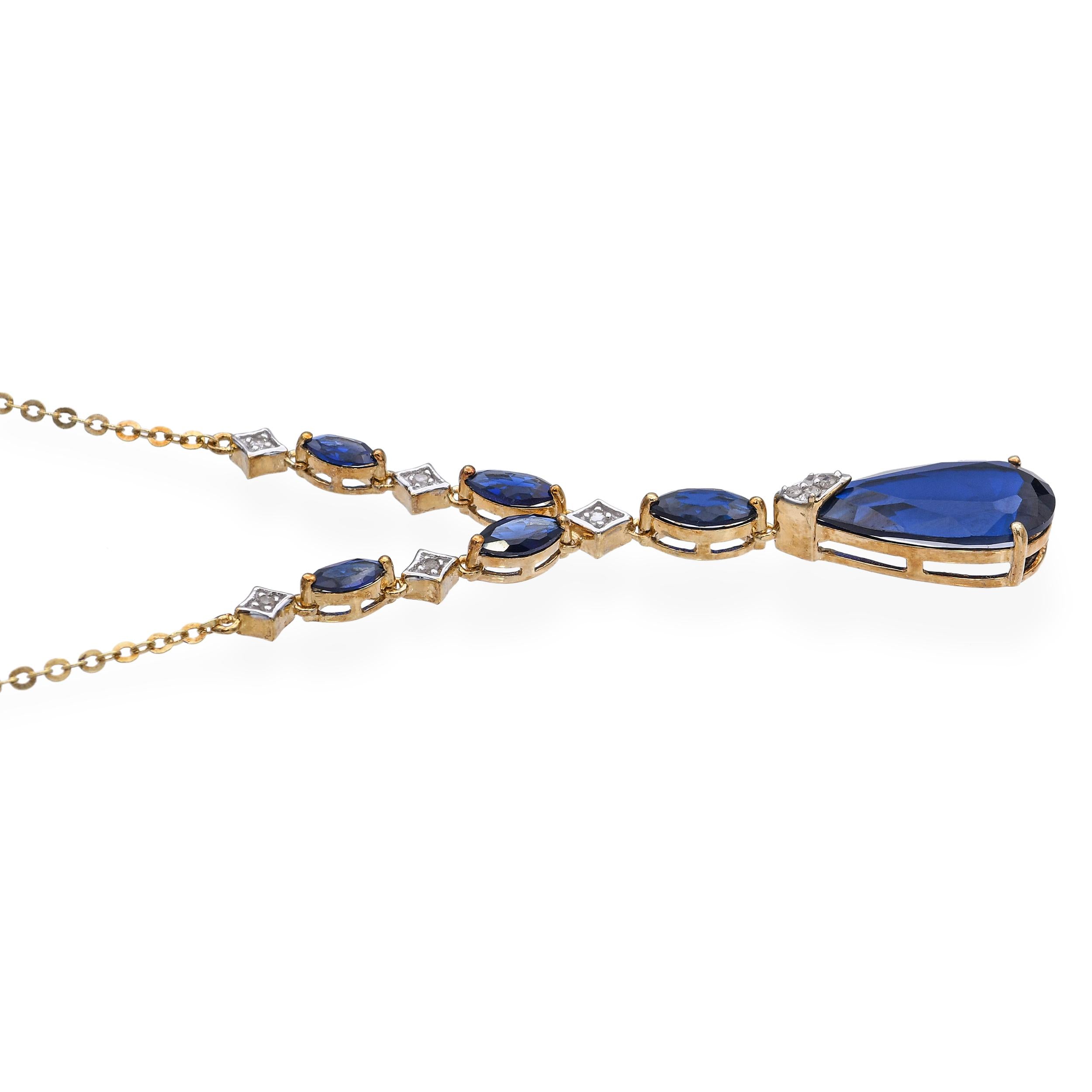 14k Yellow Gold Synthetic Sapphire and Diamond Drop Necklace