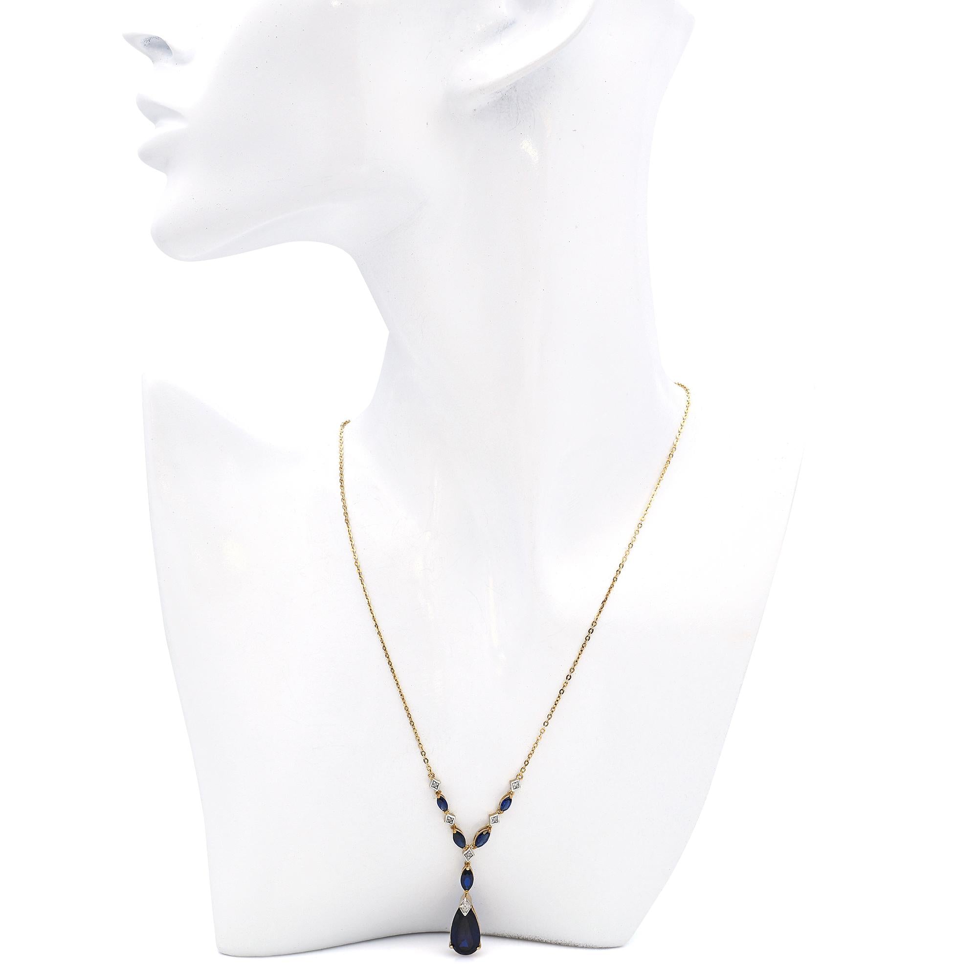 14k Yellow Gold Synthetic Sapphire and Diamond Drop Necklace