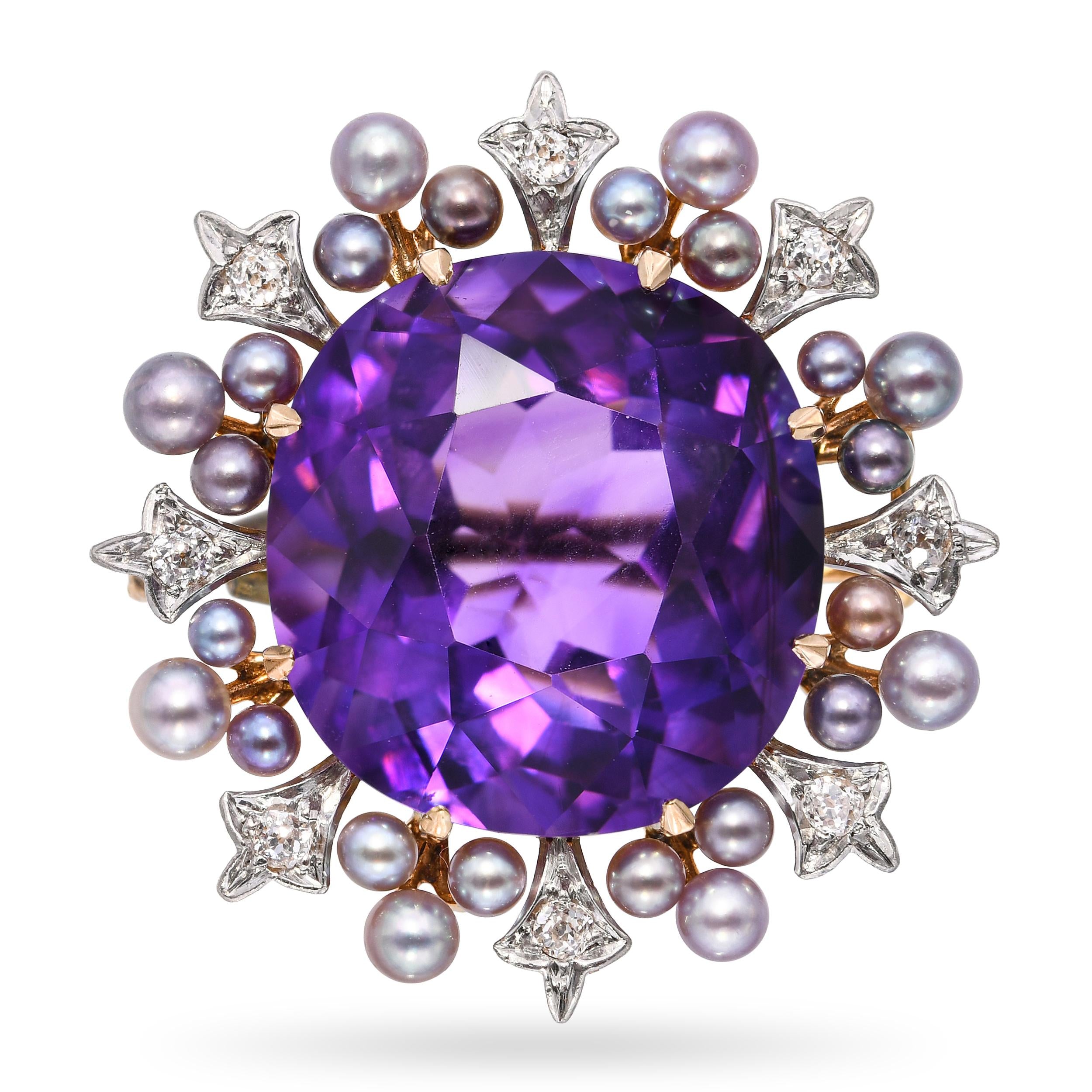 Antique 18k Yellow Gold 16.07ct Amethyst Natural Pearl & Diamond Brooch
