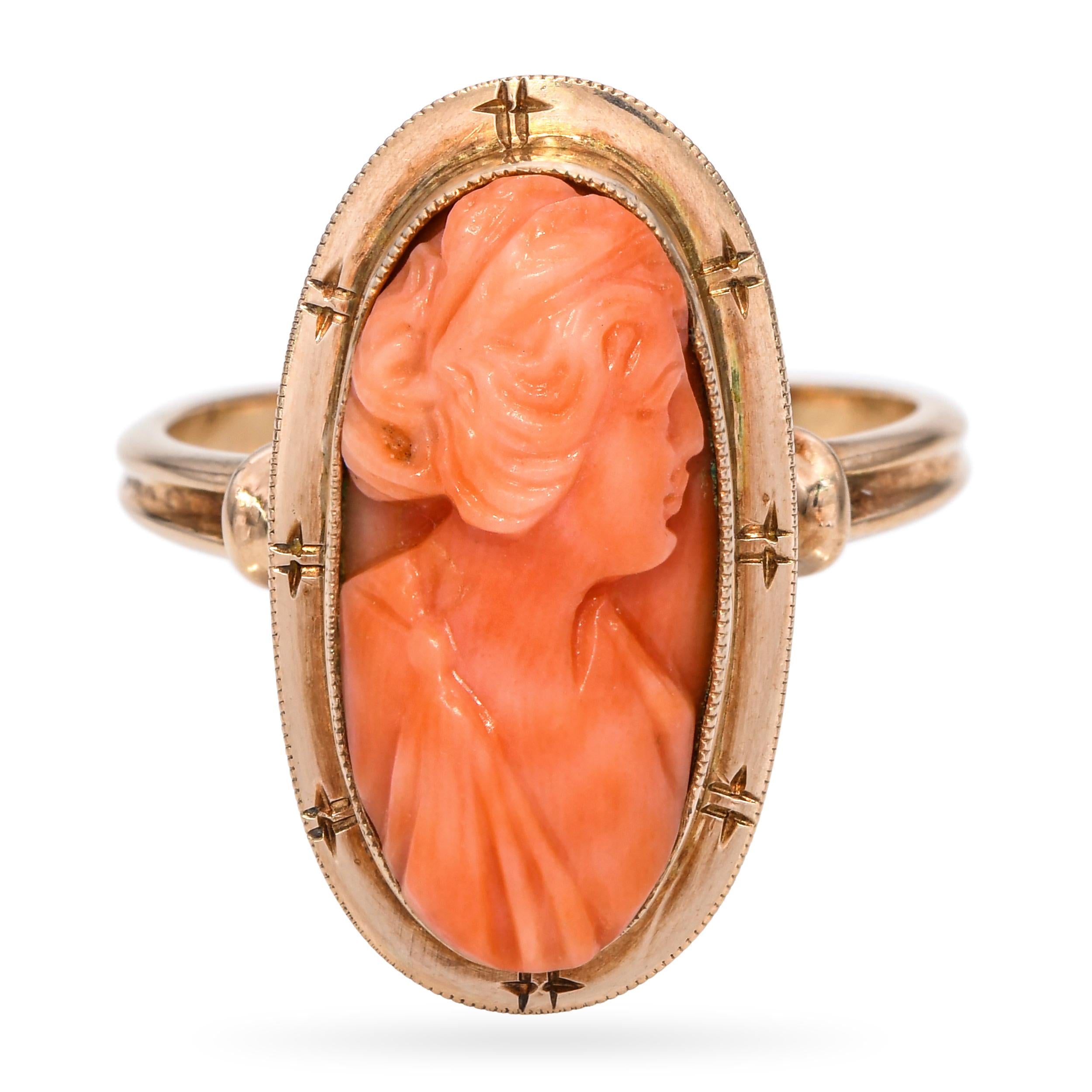 Antique 10k Yellow Gold Coral Cameo Ring