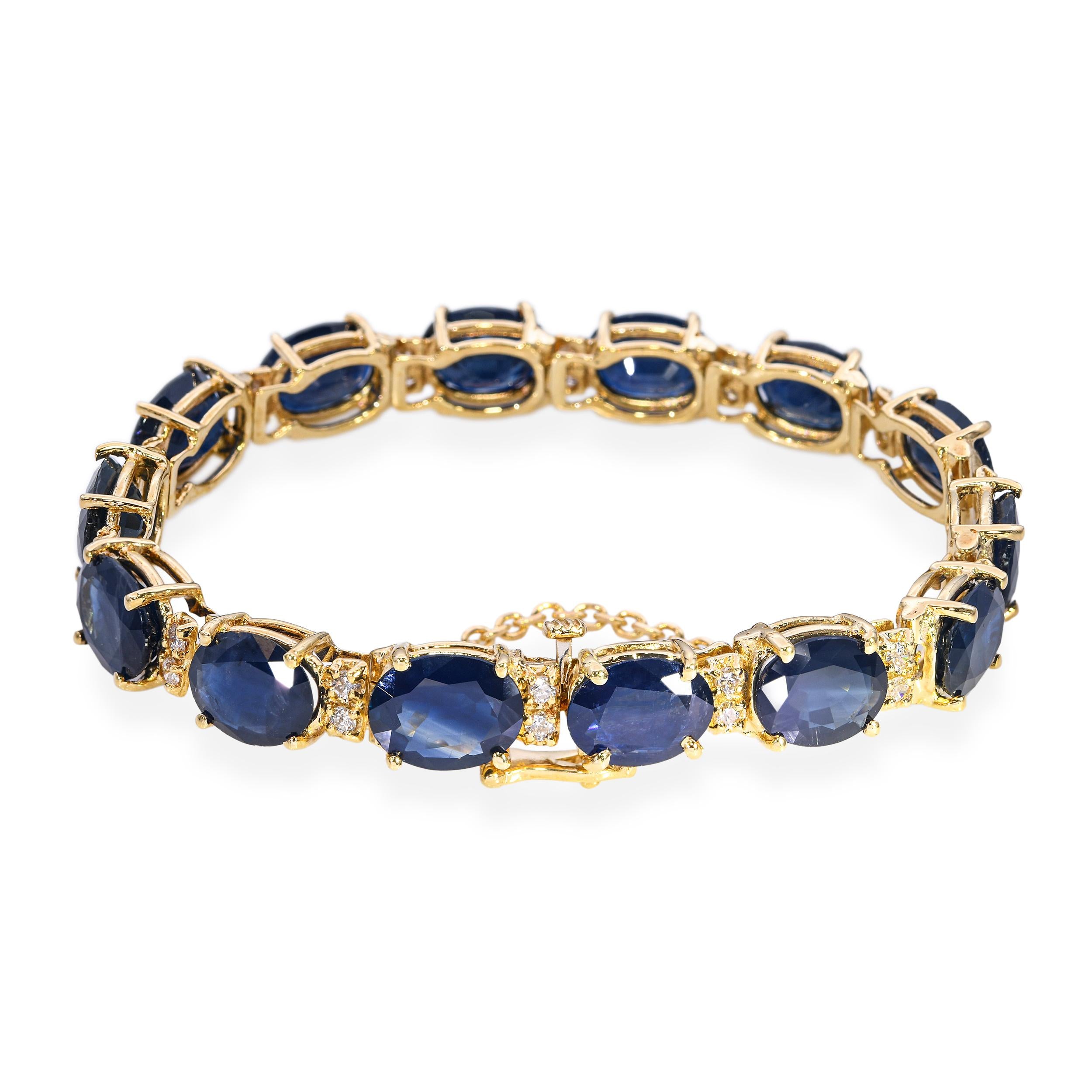 Vintage 14k Yellow Gold 37.6tcw Sapphire and Diamond Line Bracelet