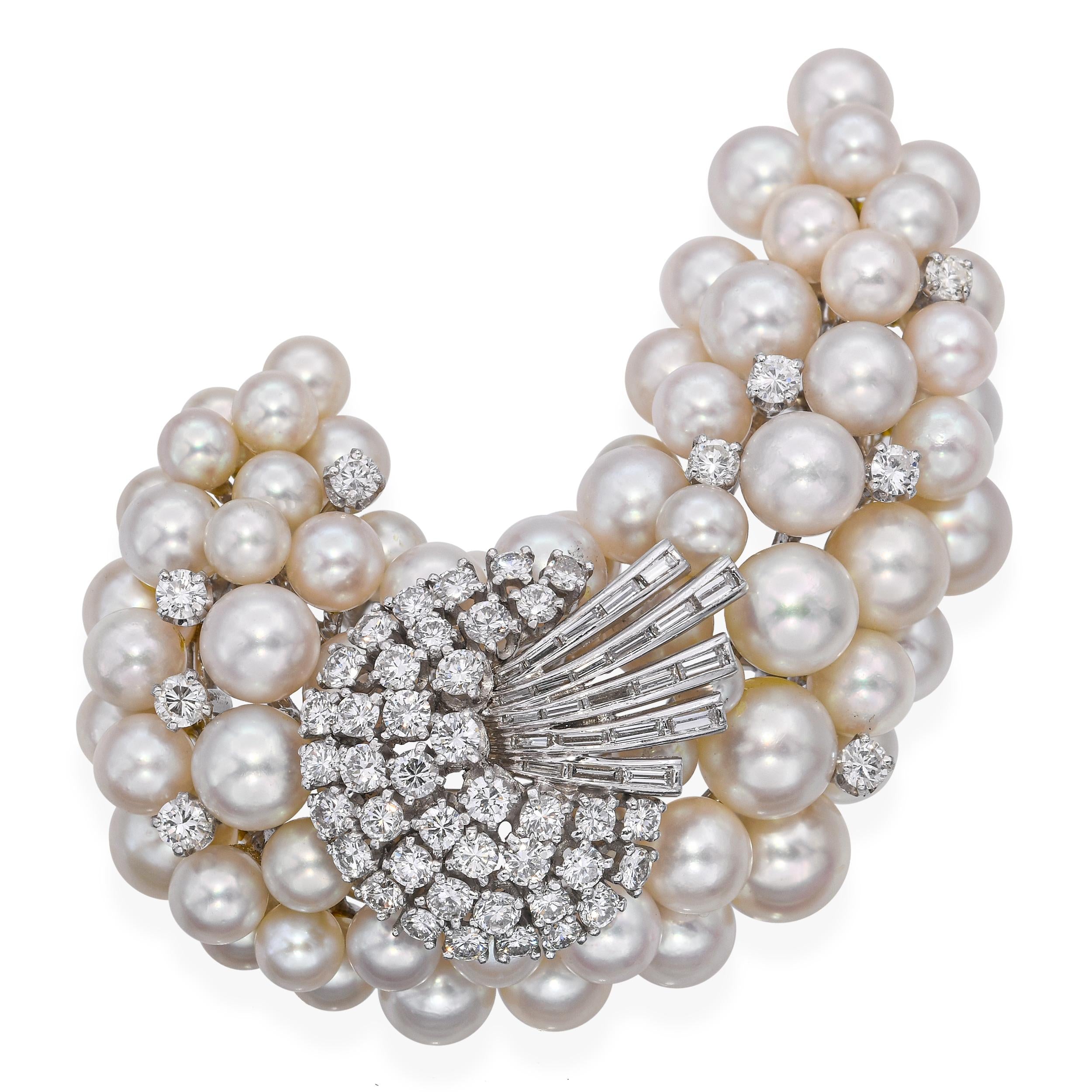 Vintage 14k White Gold Diamond and Pearl Cluster Brooch