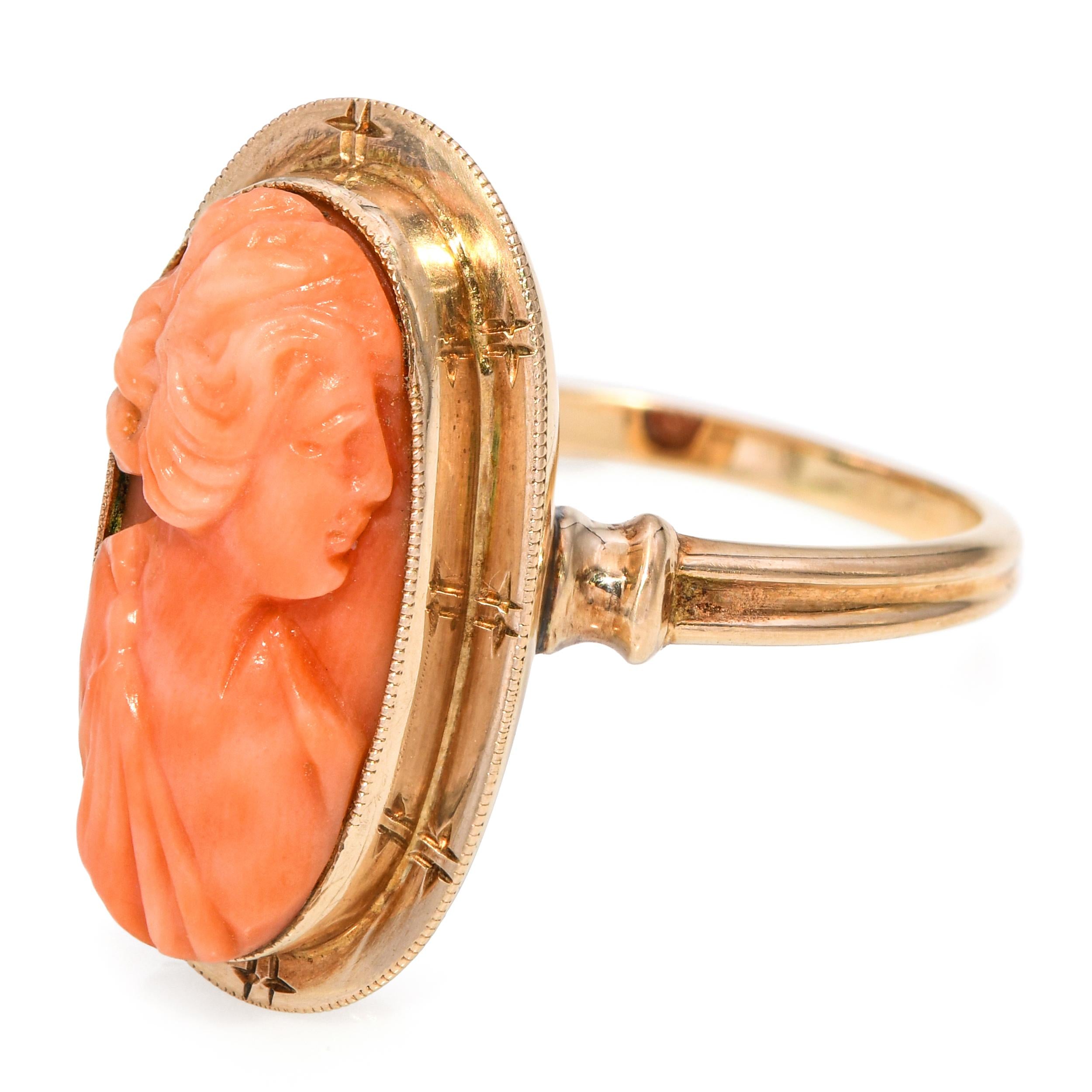 Antique 10k Yellow Gold Coral Cameo Ring