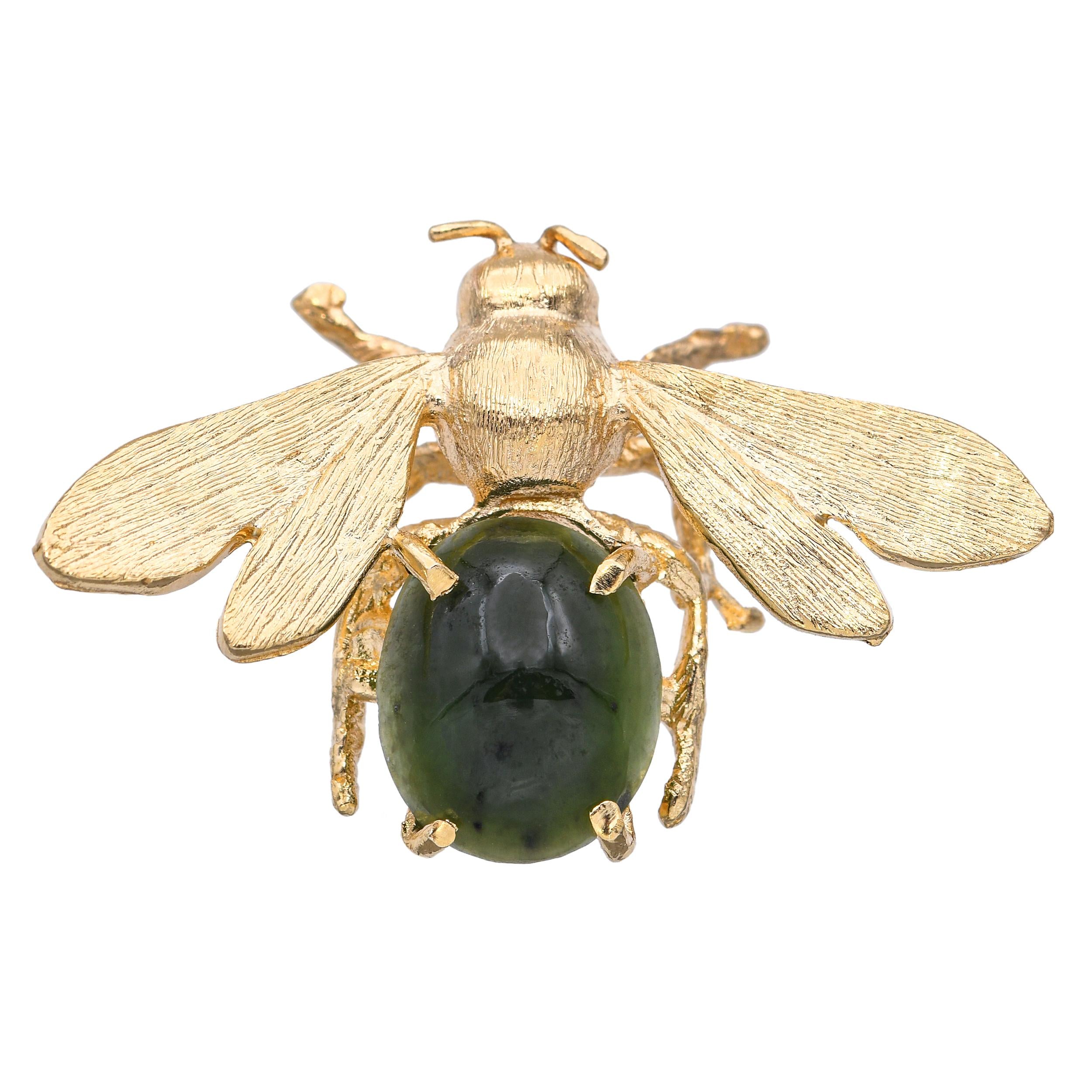 Vintage 14k Yellow Gold Jadeite Bumblebee Brooch