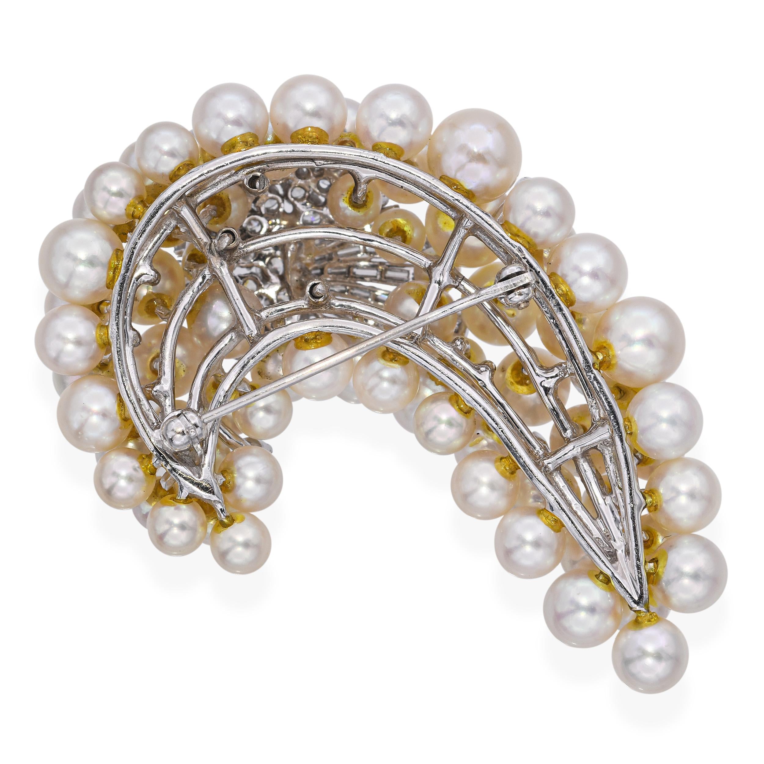 Vintage 14k White Gold Diamond and Pearl Cluster Brooch